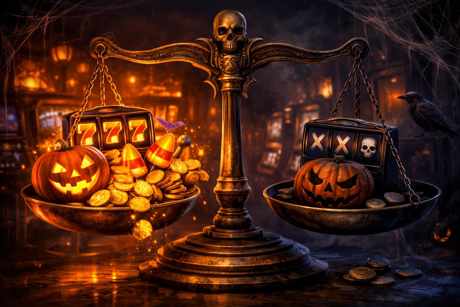 A Balanced Scale Showing HalloweenThemed Symbols Representing Advantages And Disadvantages Of A Slot Game, Set In A Spooky Casino Environment.