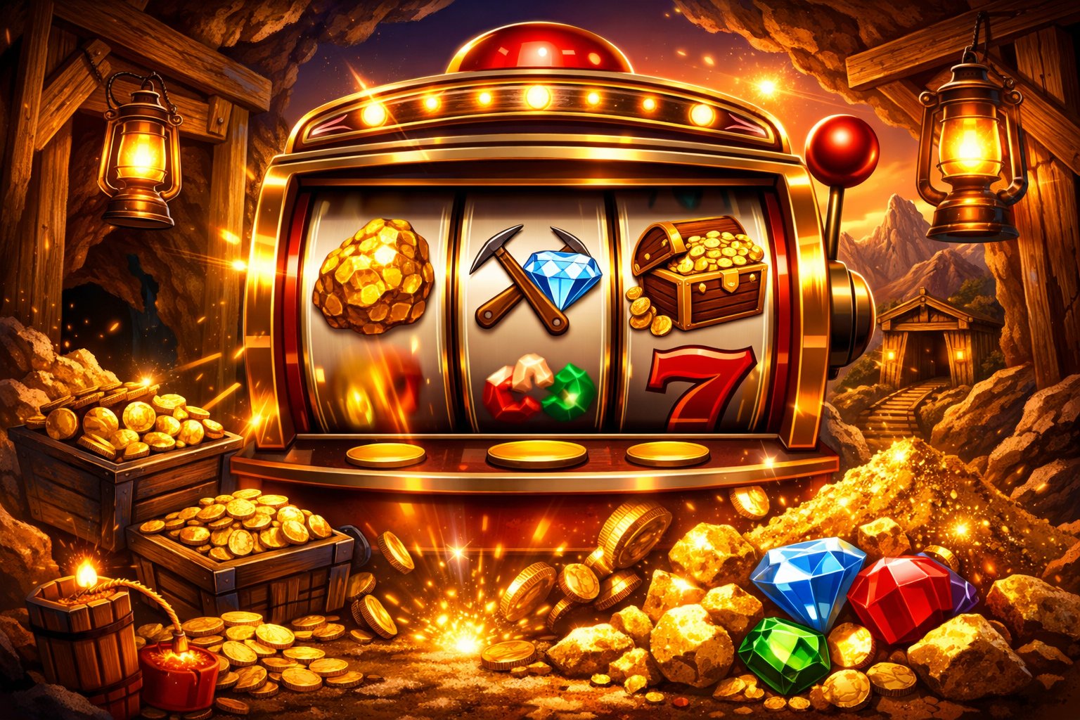 A Slot Machine Surrounded By Gold Nuggets, Pickaxes, Treasure Chests, And Mining Elements With Mountains In The Background.