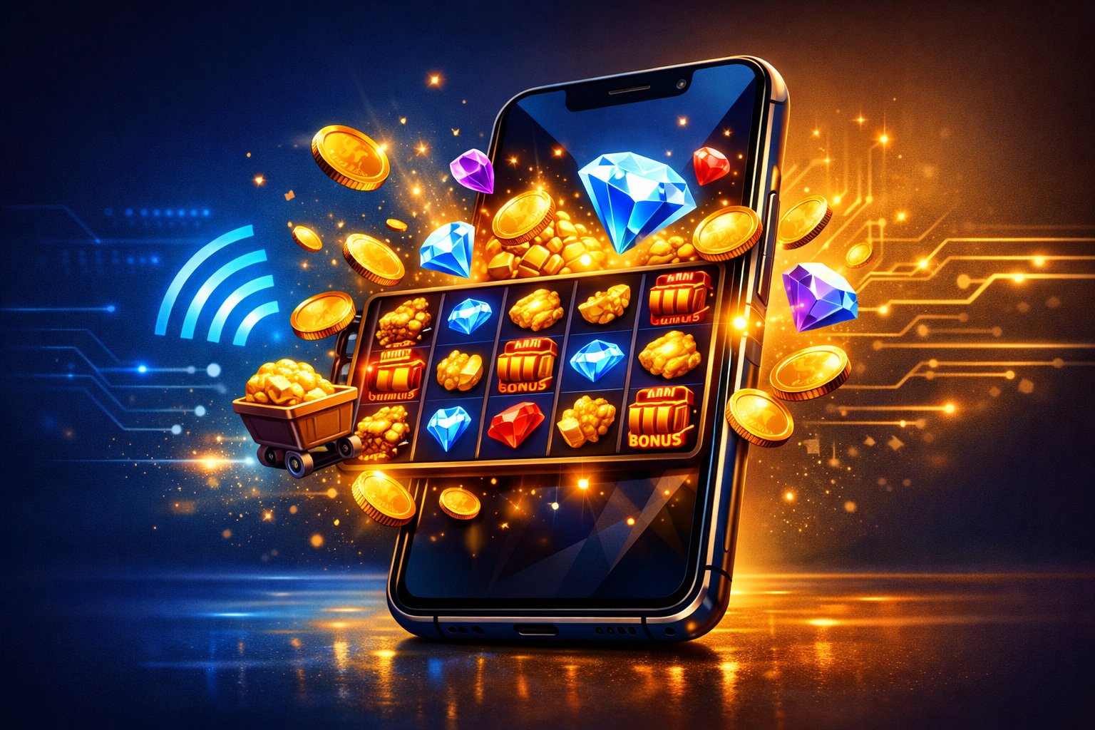 A Smartphone Showing Colorful Slot Machine Reels With Gold Coins And Gems Coming Out, Surrounded By Digital Icons Symbolizing Mobile Gaming.