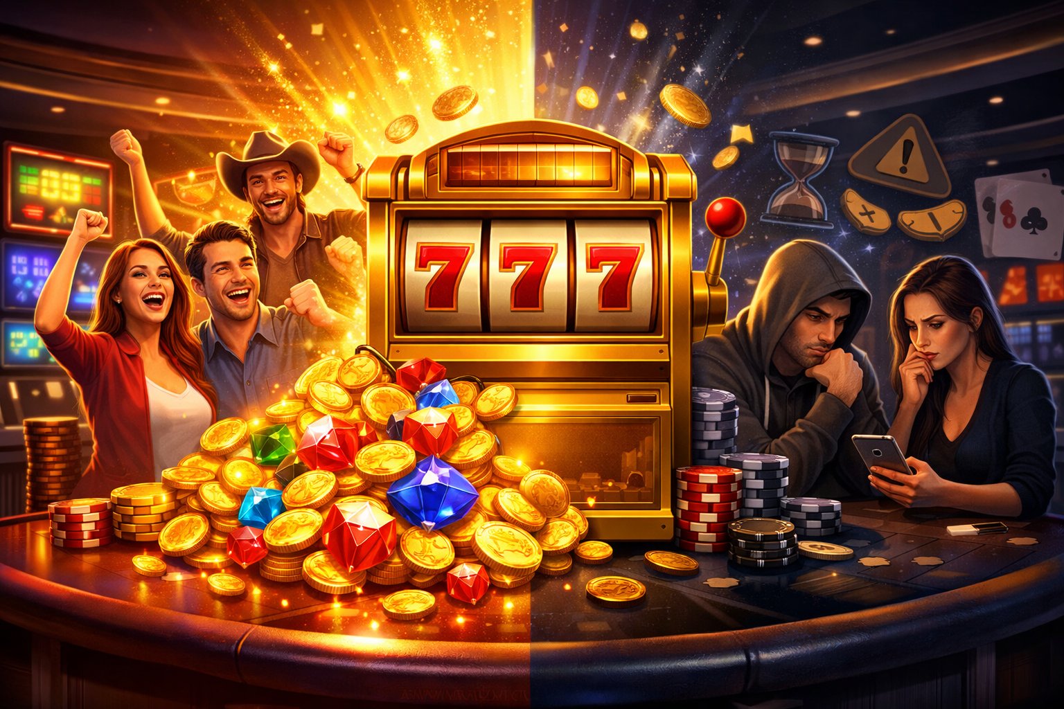 A Golden Slot Machine With Coins And Gems Spilling Out On One Side And Dimmer Slot Reels With Cautious Players On The Other, Set Inside A Modern Casino.