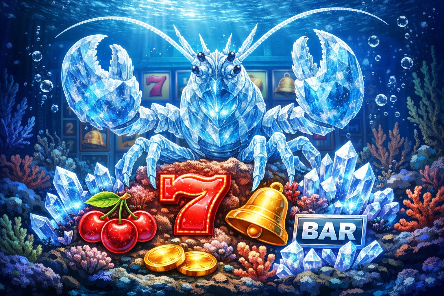 An Underwater Scene Featuring A Large Ice Lobster Surrounded By Glowing Slot Machine Symbols On A Coral Reef.