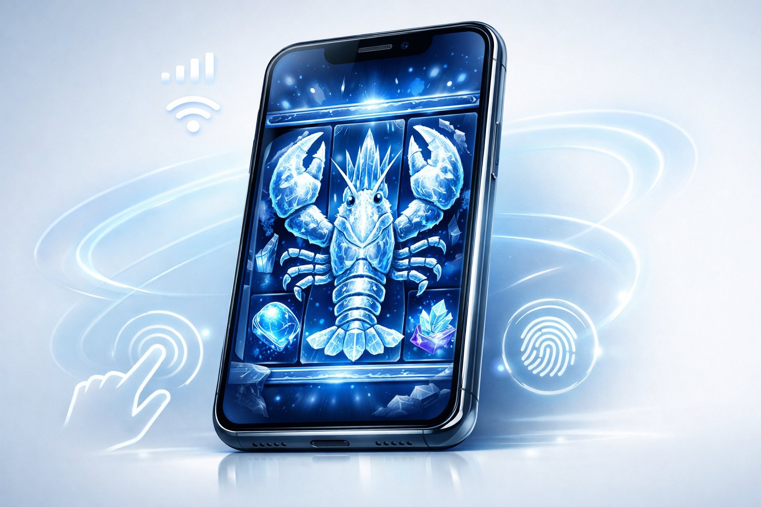 A Smartphone Displaying An Ice LobsterThemed Slot Game With Icy Blue Colors And Symbols, Surrounded By Icons Representing Mobile Connectivity.