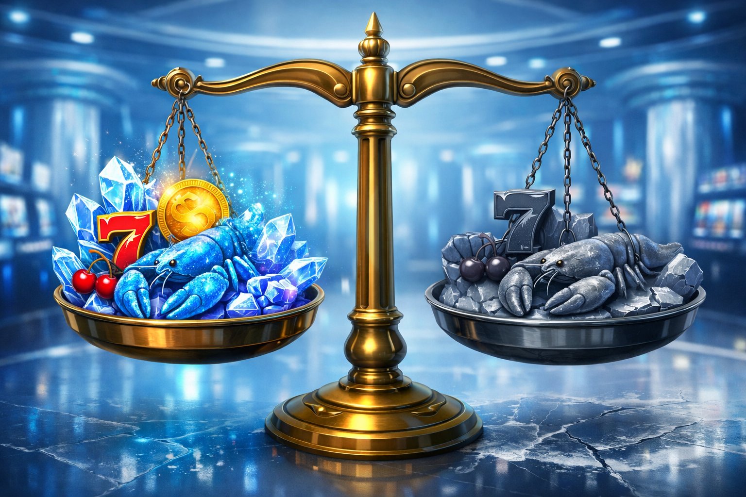 A Balanced Scale Showing Colorful Ice Lobster Slot Game Symbols On One Side And Subdued Icy Elements On The Other, Set In A Cool Blue Casino Environment.