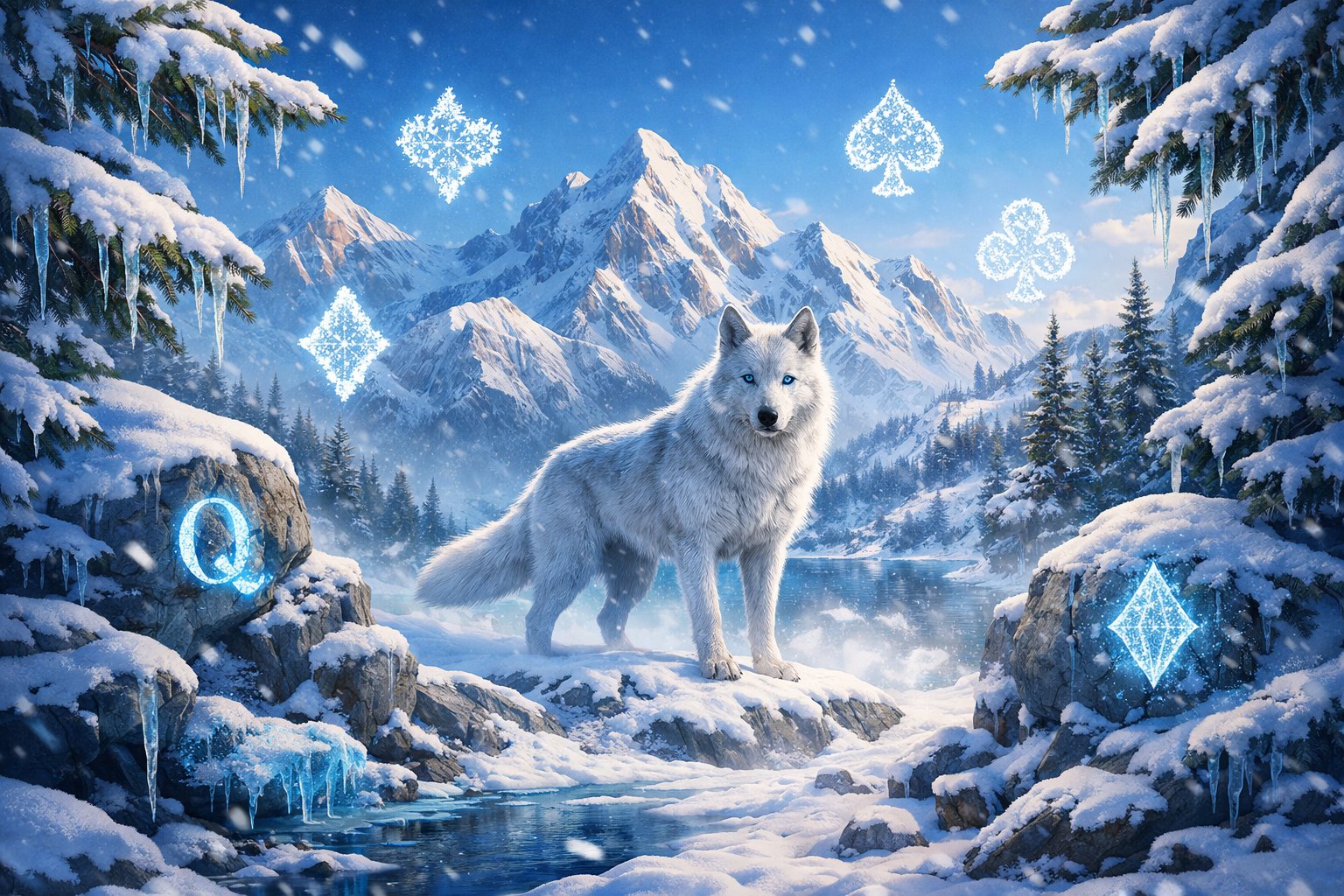 A Snowy Mountain Landscape With Pine Trees, A White Wolf Standing On A Ridge, And Icy Details In A Winter Wilderness.