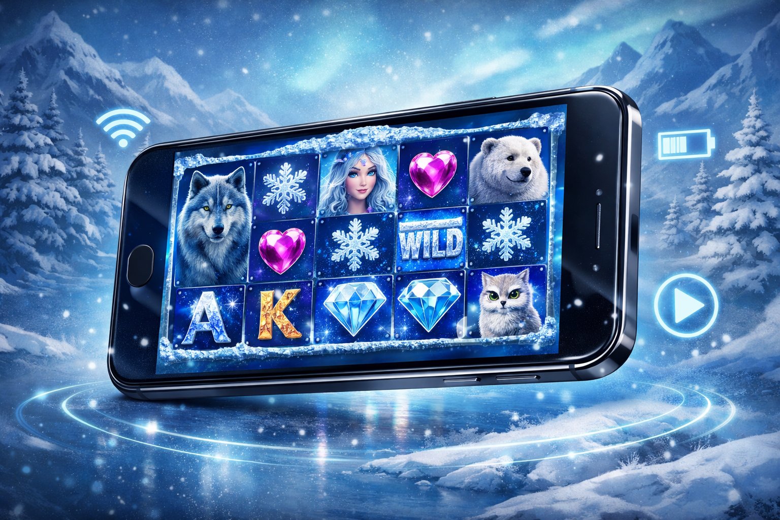 A Smartphone Displaying An IcyThemed Slot Game With Snowflakes And Wild Animals, Set Against A Snowy Mountain Landscape.
