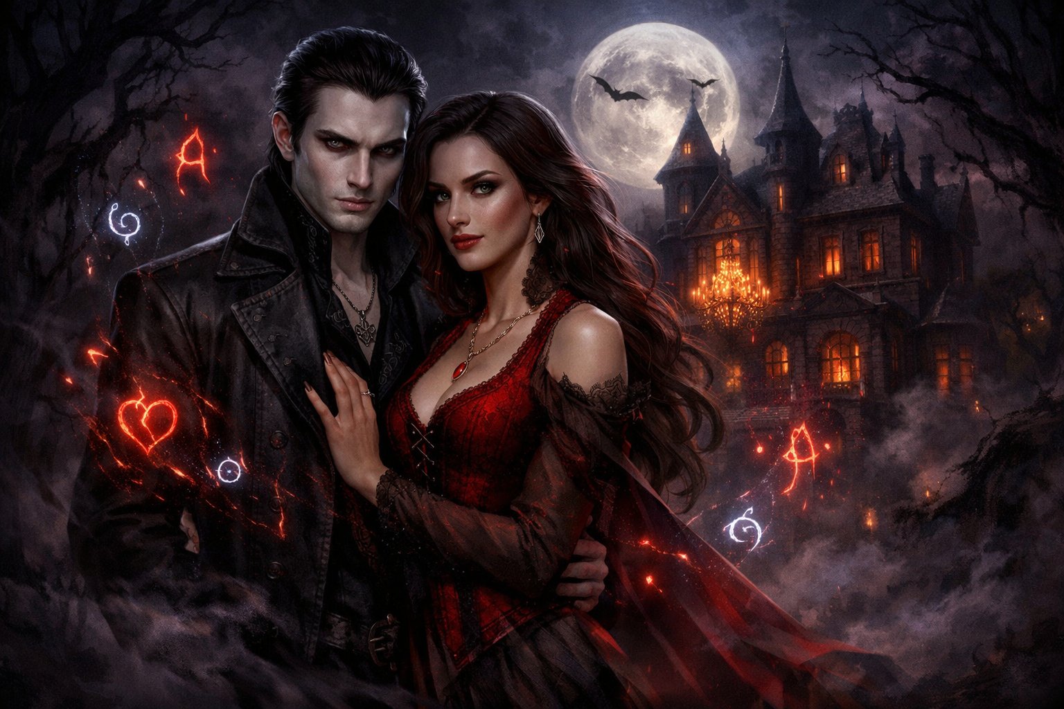 A Vampire Couple Standing In Front Of A Gothic Mansion At Night With A Full Moon And Misty Trees Surrounding Them.