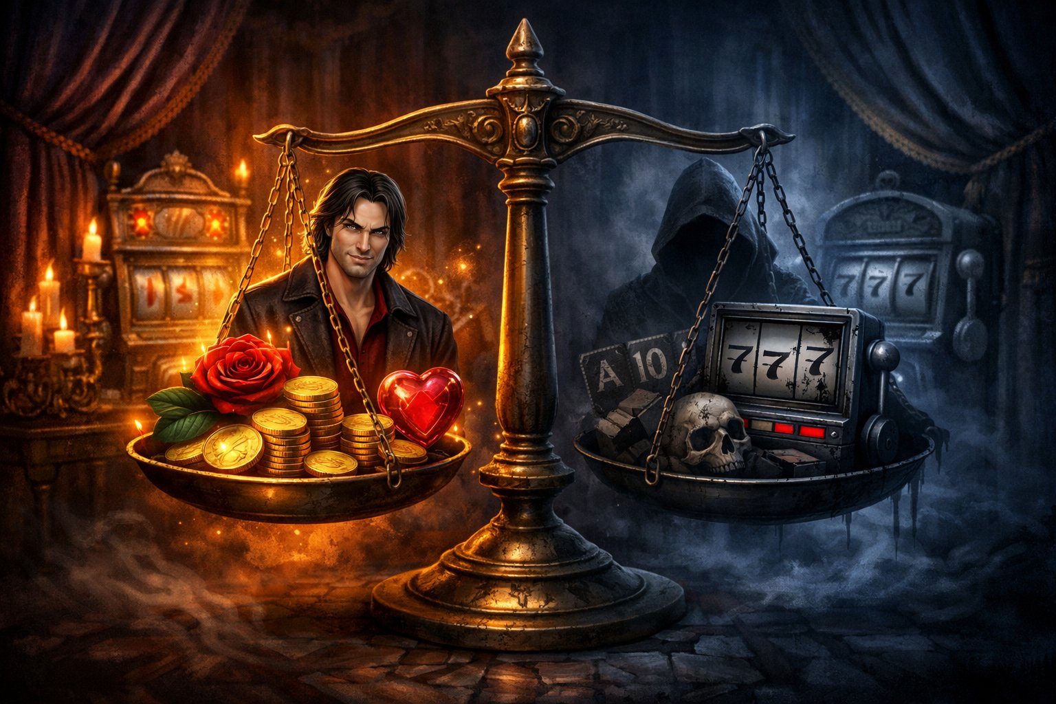 A Balanced Scale Showing Glowing Positive Symbols Like Gold Coins And A Vampire On One Side, And Darker Symbols Like A Cracked Slot Machine On The Other, Set In A Gothic Casino Background With Candles And Vintage Slot Machines.