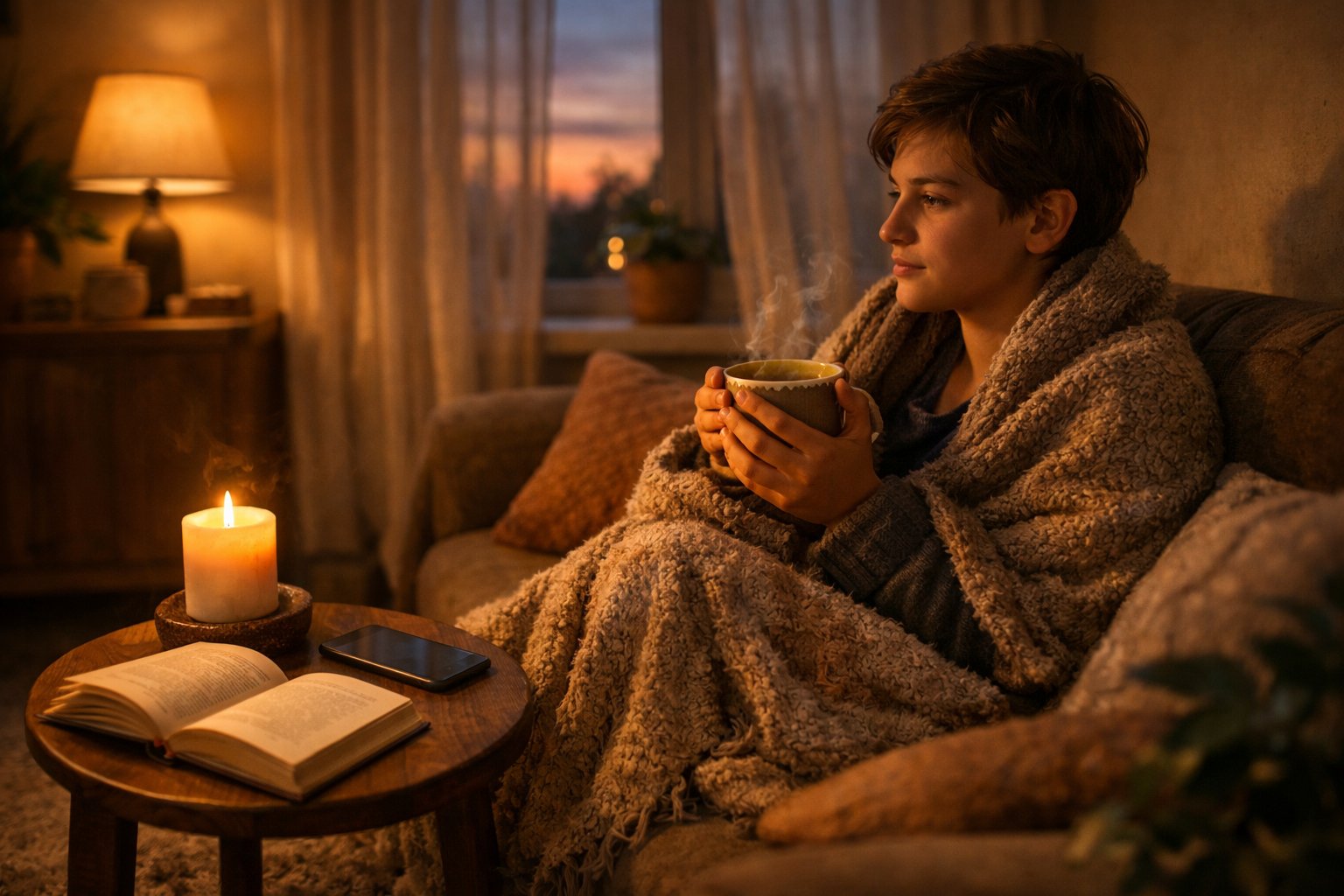 A person sitting on a sofa wrapped in a blanket, holding a cup of tea in a softly lit living room with a book and candle nearby.