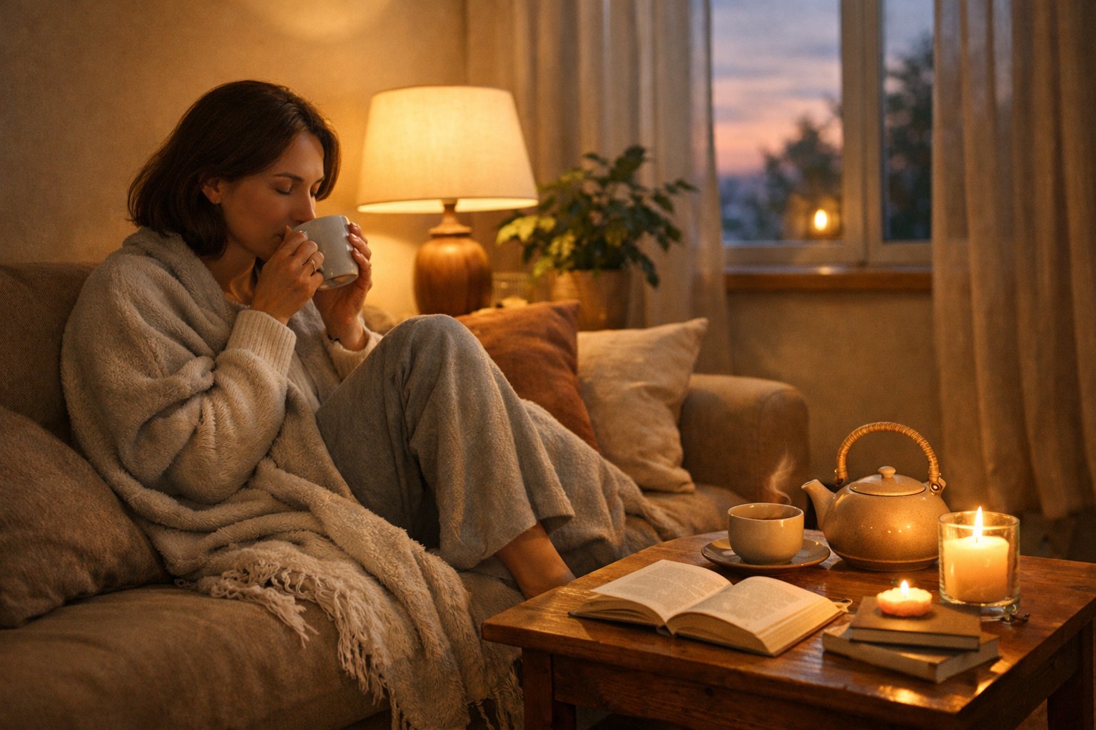 A person sitting on a sofa in a softly lit living room, wrapped in a blanket and holding a cup of tea, surrounded by books and a lit candle during early evening.