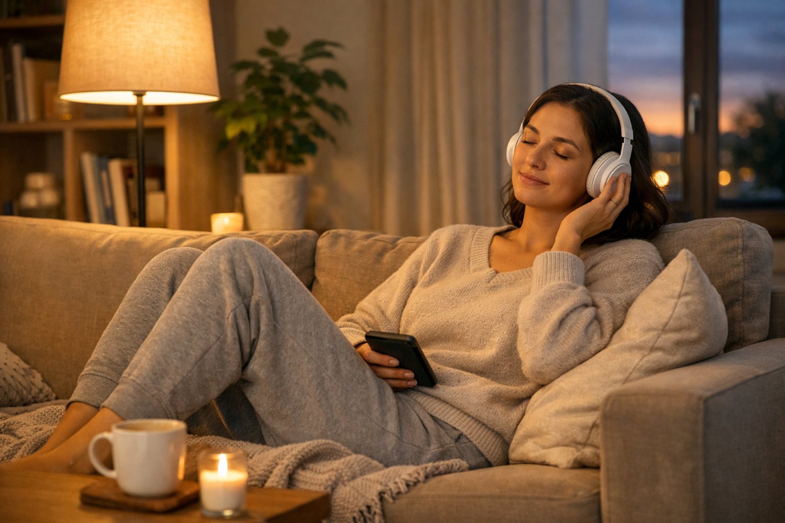A person sitting on a sofa in a cozy living room, gently relaxing with a book and a cup of tea in the early evening.