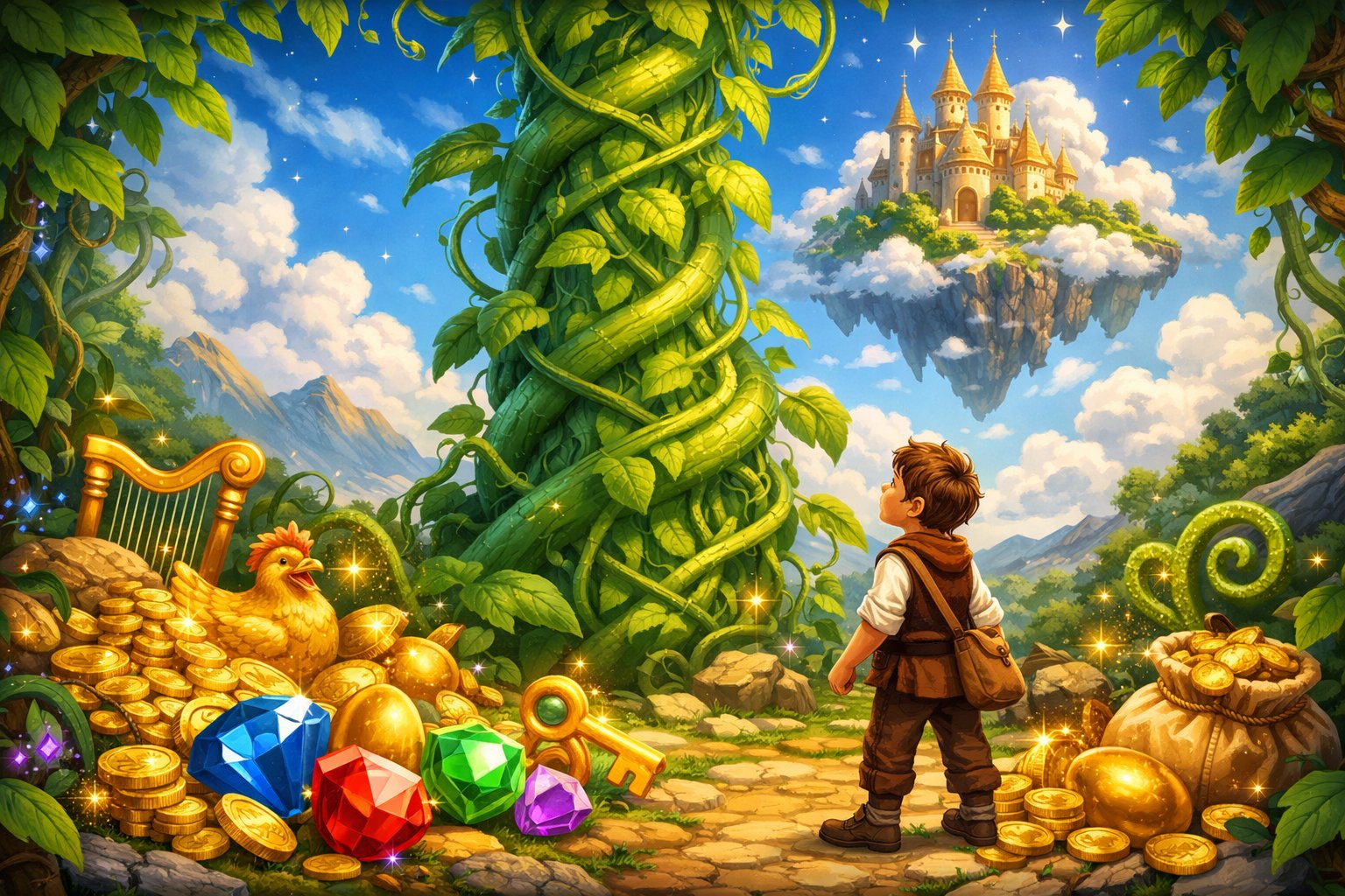 A Young Boy Looking Up At A Giant Green Beanstalk With A Floating Castle In The Clouds Above.