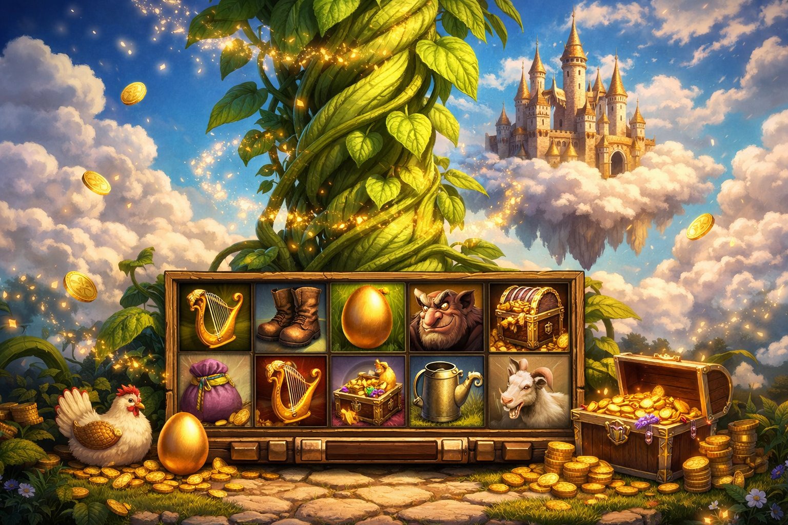 A Tall Magical Beanstalk Rising Into The Sky With A Slot Machine At Its Base Surrounded By Fantasy Elements Like A Castle In The Clouds, Treasure Chests, And Sparkling Coins.