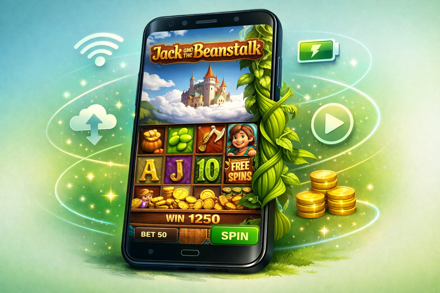 A Mobile Device Showing A Colorful Slot Game With A Beanstalk, Coins, And A Castle In The Clouds.