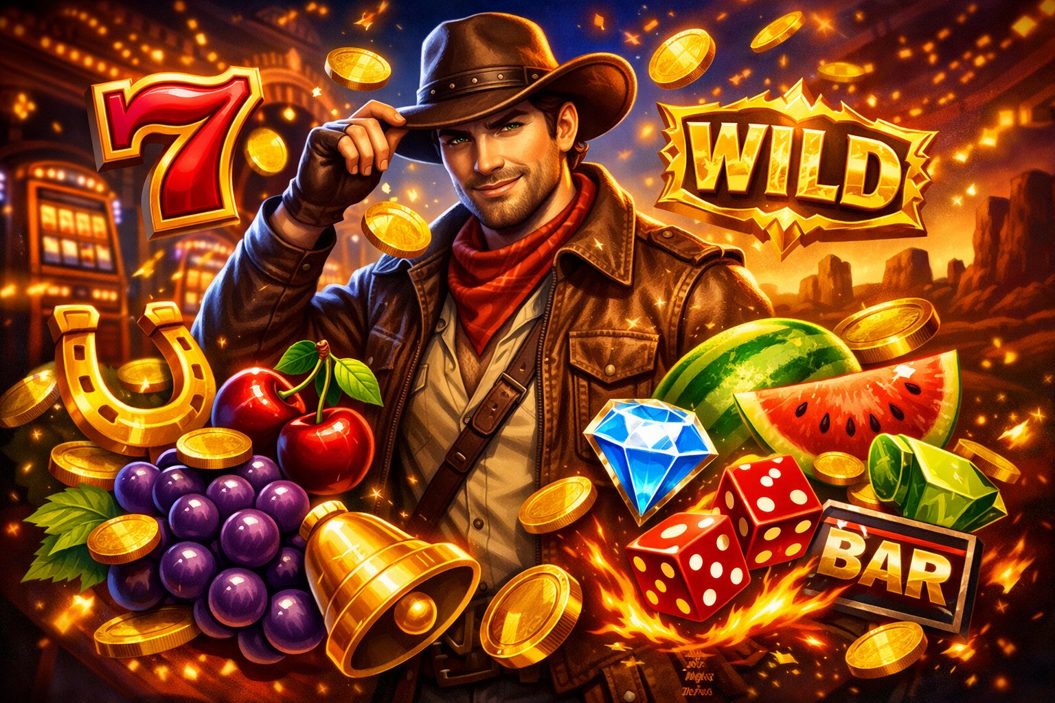 A Confident Explorer Dressed In Rugged Clothes Surrounded By Colorful Slot Machine Symbols And Golden Coins In A Lively Casino Setting.