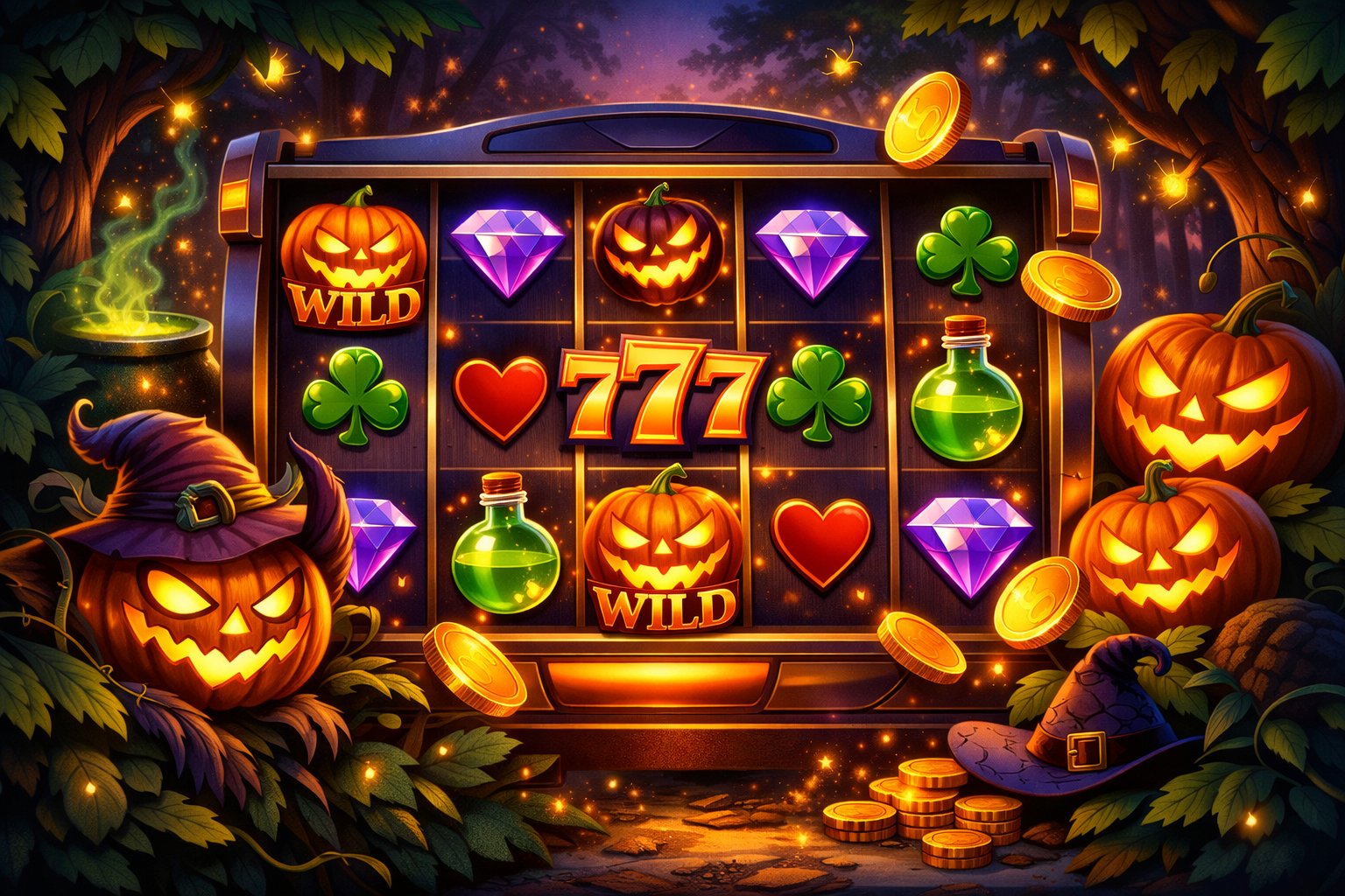 A Slot Machine With Spinning Reels Showing Wild Symbols And Pumpkins, Surrounded By A Glowing JackO'Lantern And Forest Elements Under Twilight.