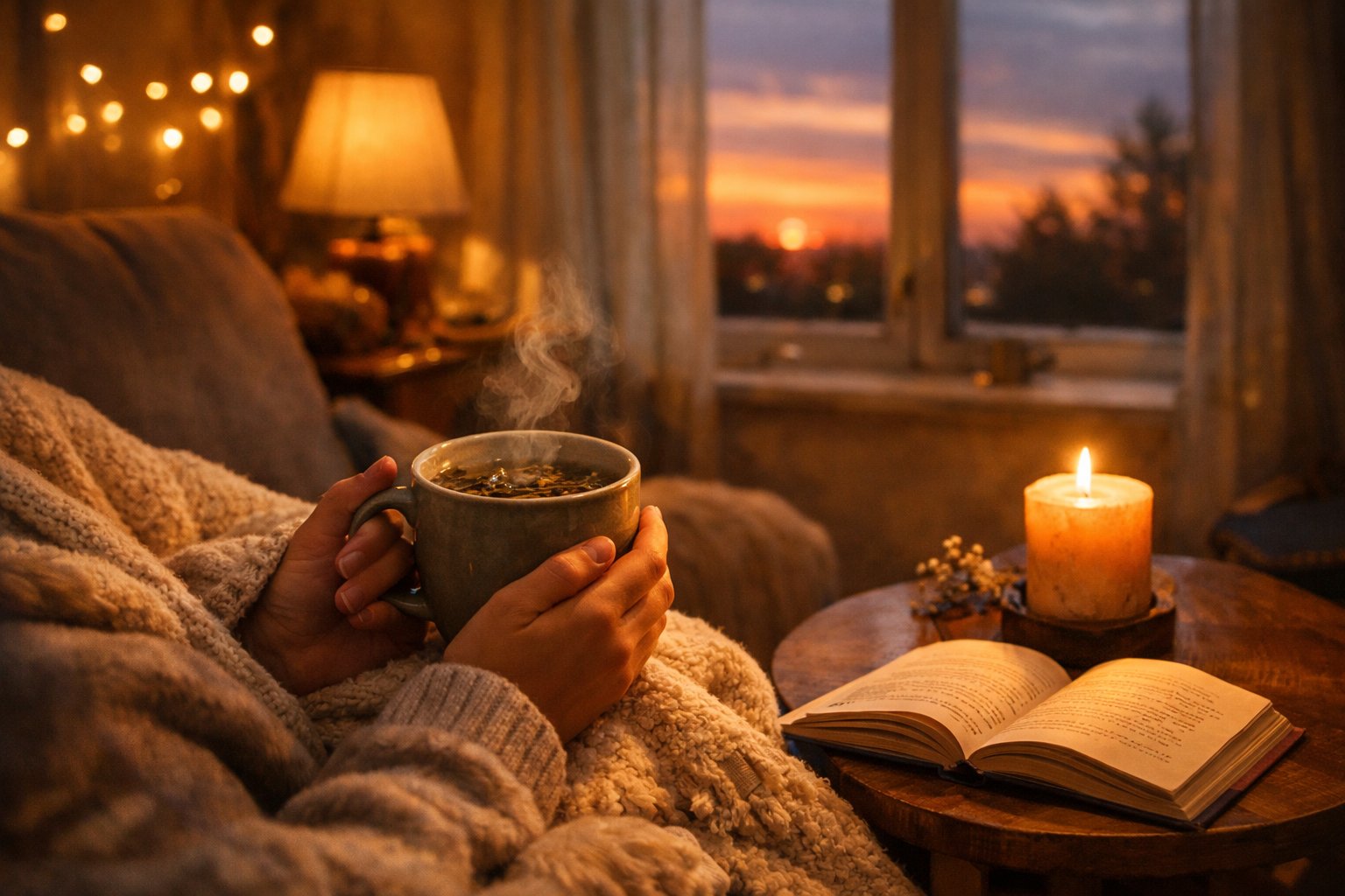 Person sitting in a cozy armchair wrapped in a blanket, holding a mug, with a lit candle and book on a side table near a window showing a sunset.