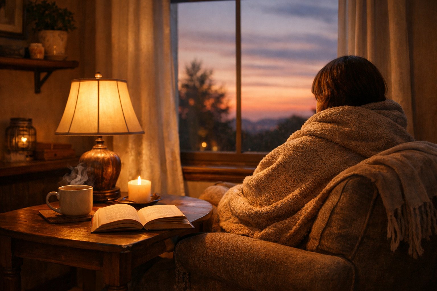 A person wrapped in a blanket sitting in an armchair by a window at sunset, with a cup of tea, an open book, and a lit candle on a nearby table.