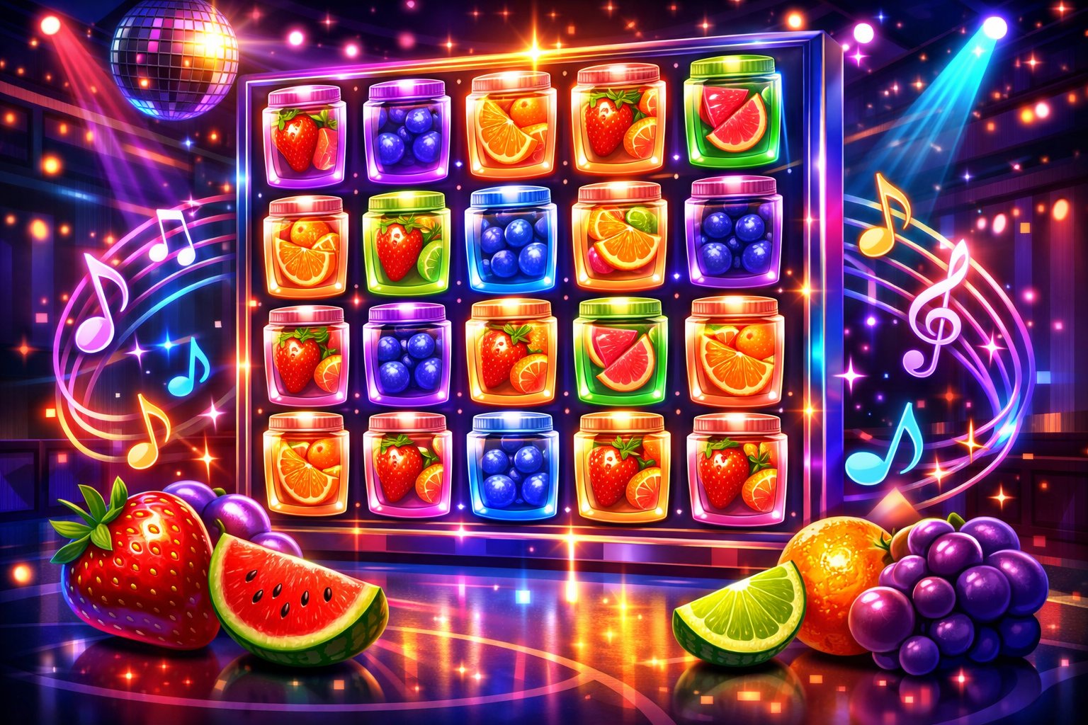 A Colorful Slot Machine With Jars Filled With Various Fruits Glowing Under Disco Lights In A Casino Setting.