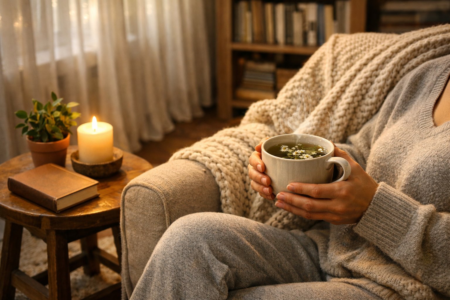 A person sitting in a cozy living room holding a cup of tea, with a lit candle and a book on a nearby table, creating a calm and peaceful atmosphere.