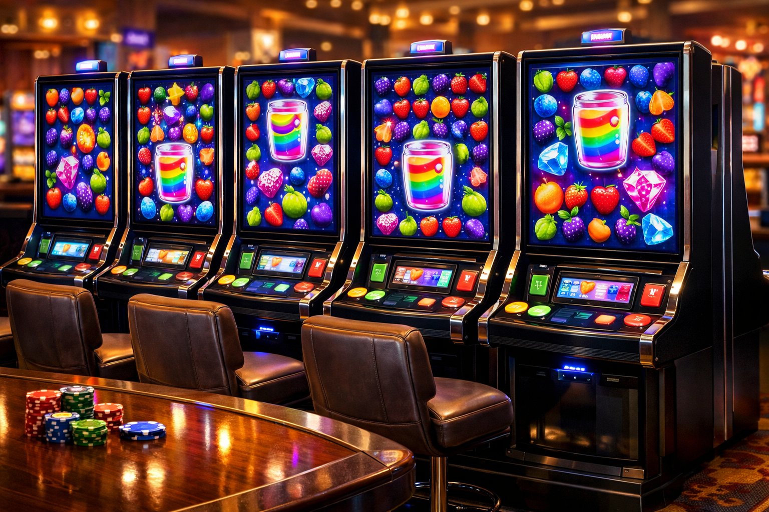 A Casino Table With Several Colorful Slot Machines Showing Fruit And Jar Symbols, Surrounded By Chairs And Casino Chips.