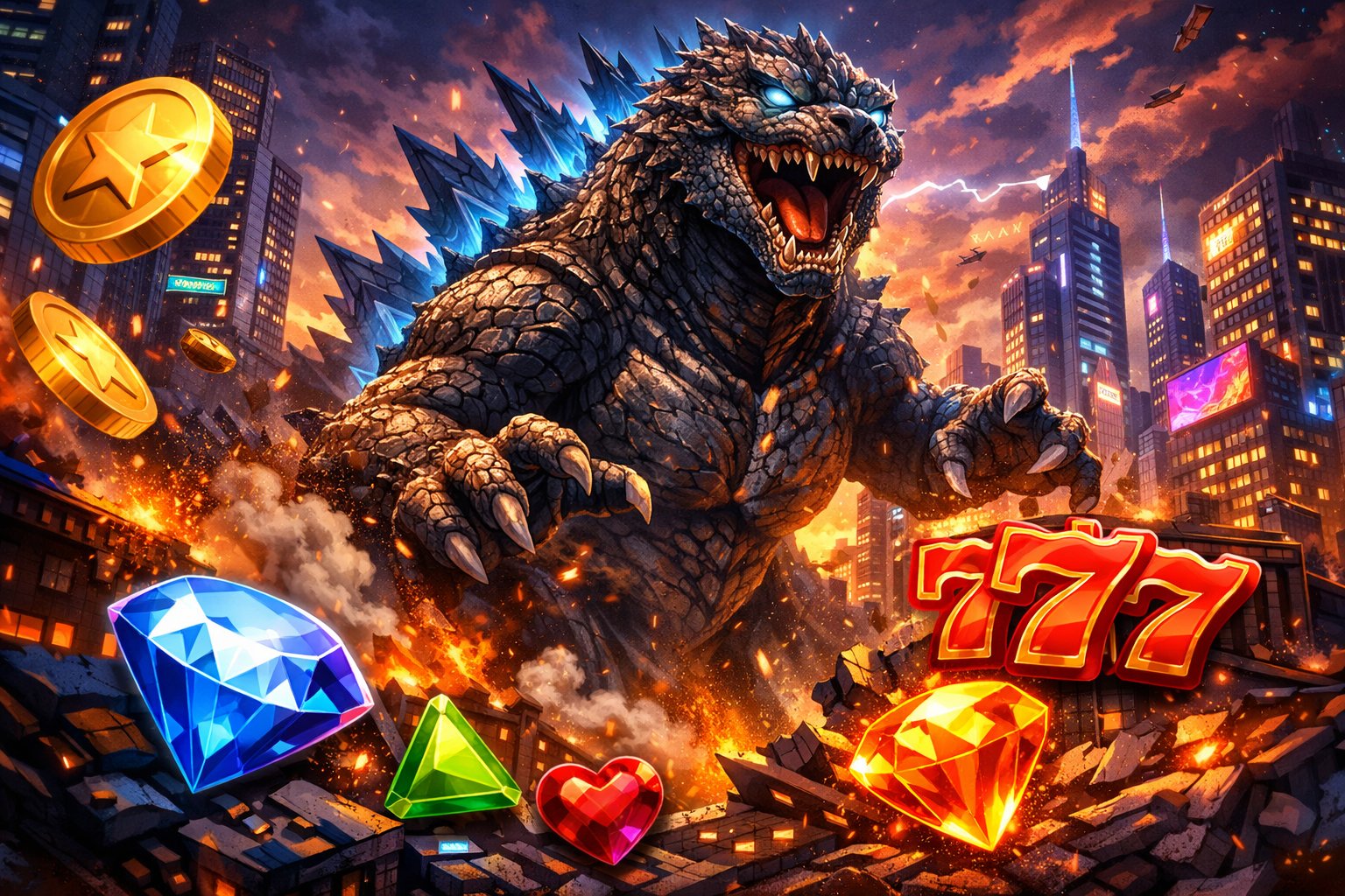 A Massive Kaiju Monster Towering Over A Futuristic City At Dusk With Glowing Skyscrapers And Slot Game Symbols Integrated Into The Scene.