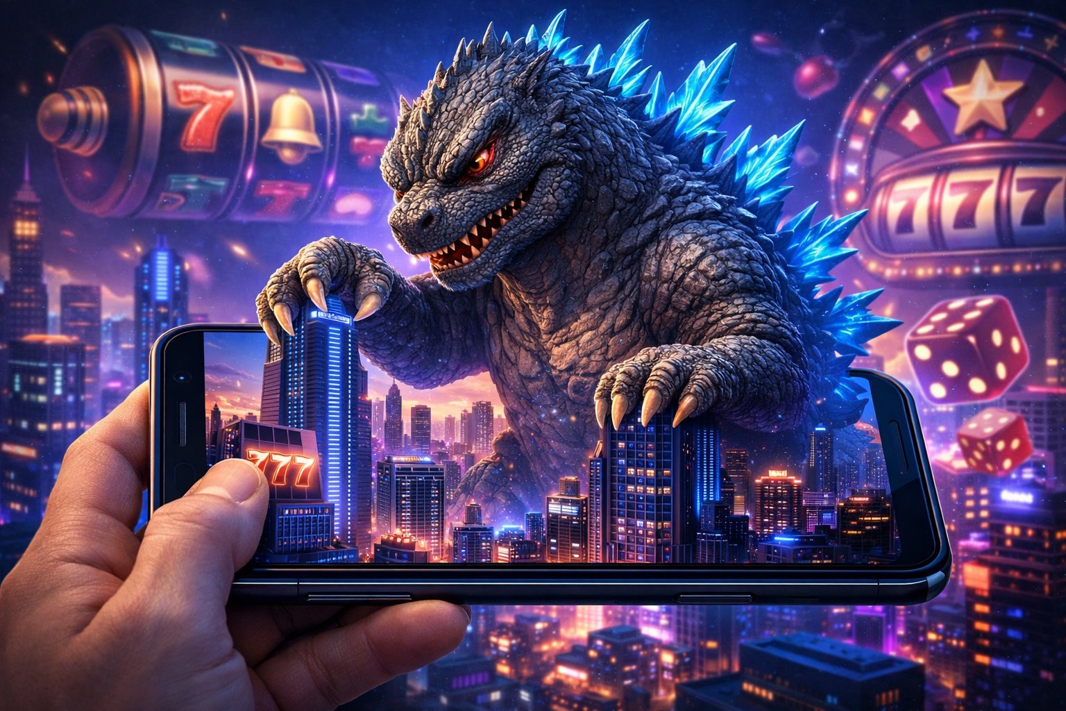 A Large Kaiju Monster Emerging From A Smartphone Screen Into A Futuristic Cityscape At Dusk, With Glowing Buildings And Subtle Slot Machine Elements Integrated Into The Scene.