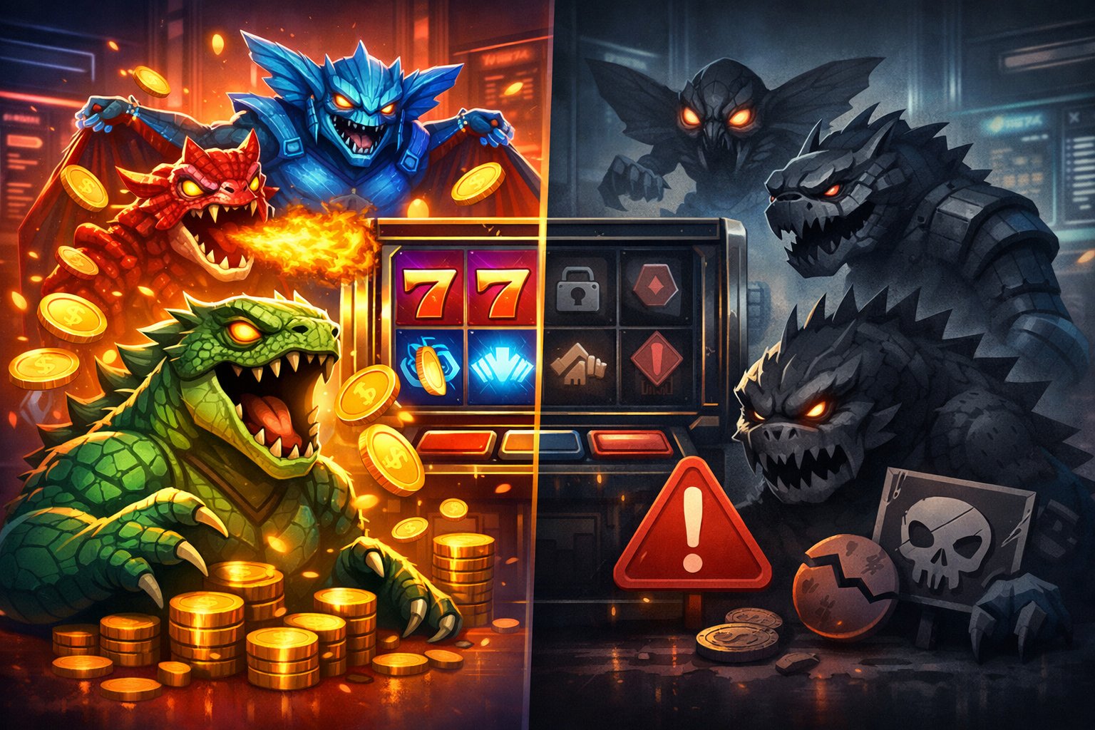 A Balanced Scene Showing Colorful Kaiju Monsters And Slot Machine Symbols On One Side Representing Benefits, And Darker Kaiju Figures With Warning Signs On The Other Side Representing Drawbacks, Set In A Casino Environment.