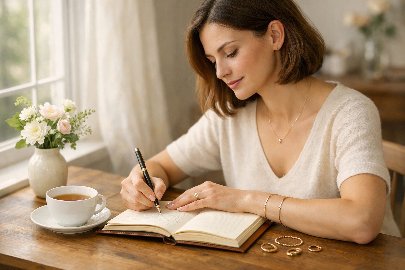 A woman wearing delicate jewelry writes thoughtfully in a journal at a wooden desk by a window with natural light.