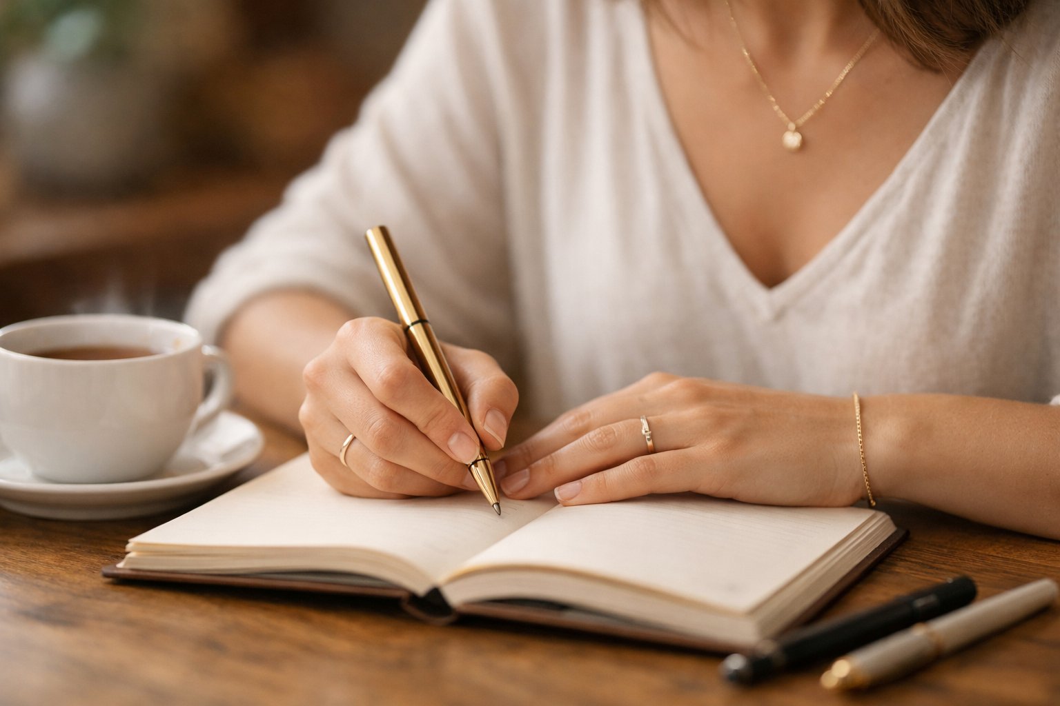 A woman writing in a journal at a wooden table, wearing delicate gold jewelry on her hands and neck, with a cup of tea nearby.
