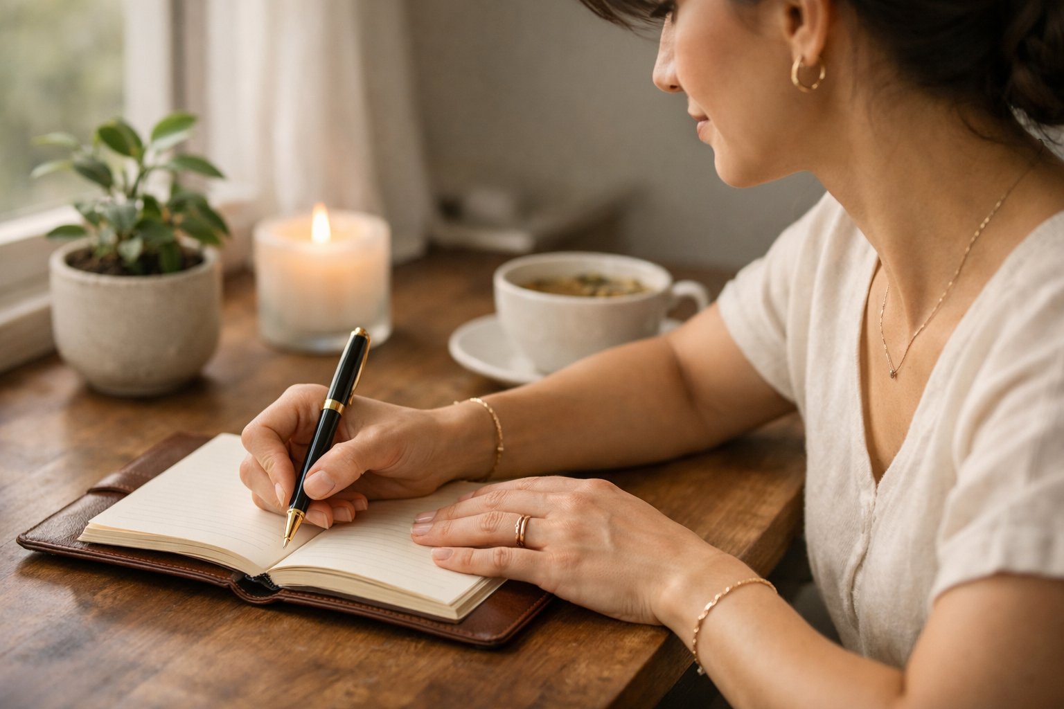 A woman sitting at a desk near a window, writing in a journal while wearing delicate jewelry, with a plant and candle nearby.