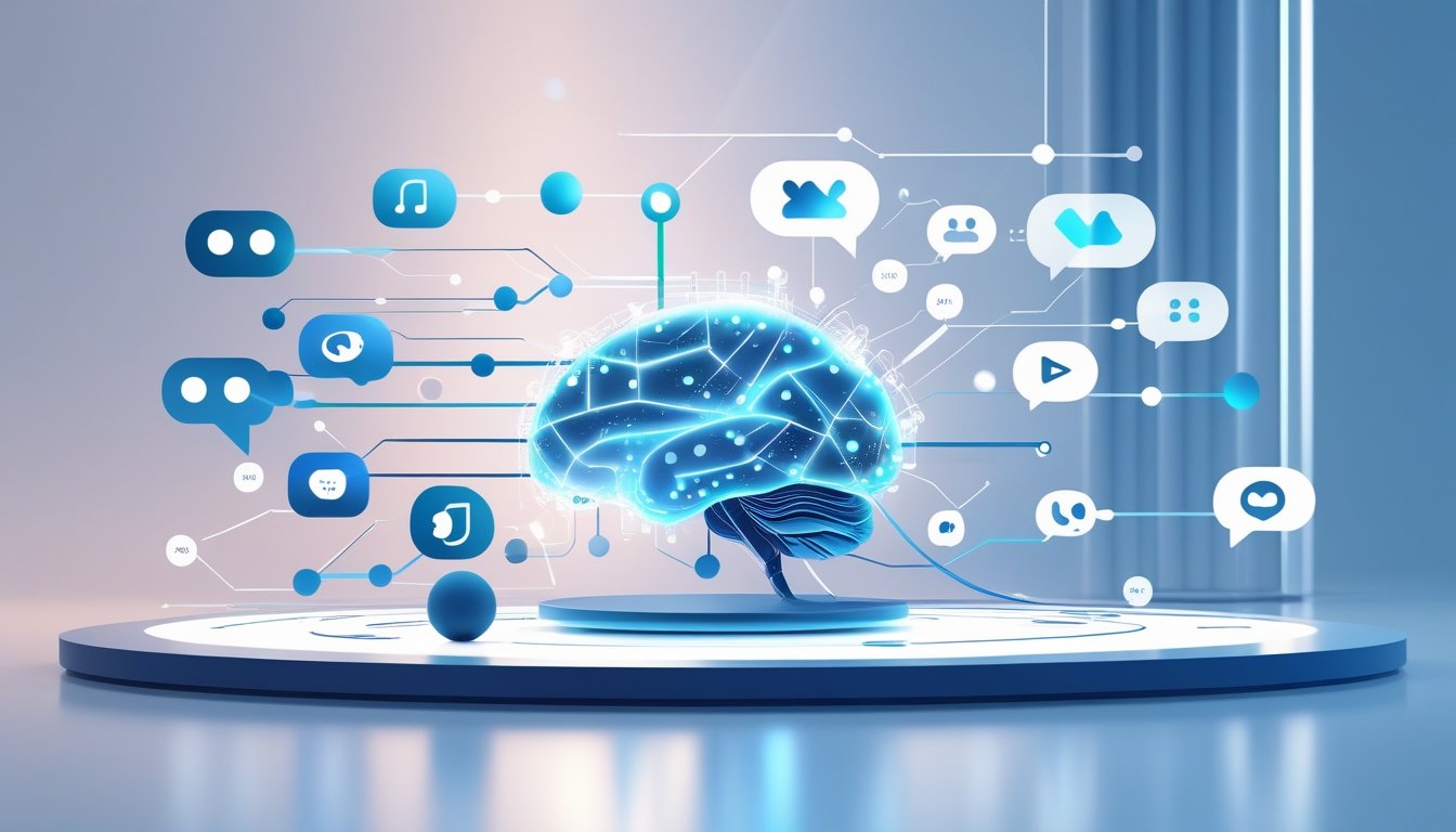 A digital illustration showing a glowing AI brain connected to social media icons and chat bubbles, representing artificial intelligence and communication networks.