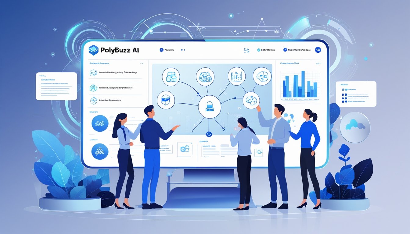A group of professionals interacting with a large transparent touchscreen displaying icons and graphs representing AI features and data processing.