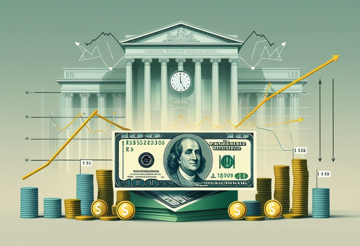 An illustration showing a shrinking US dollar bill surrounded by rising coins and price tags, with a central bank building and graphs indicating inflation in the background.