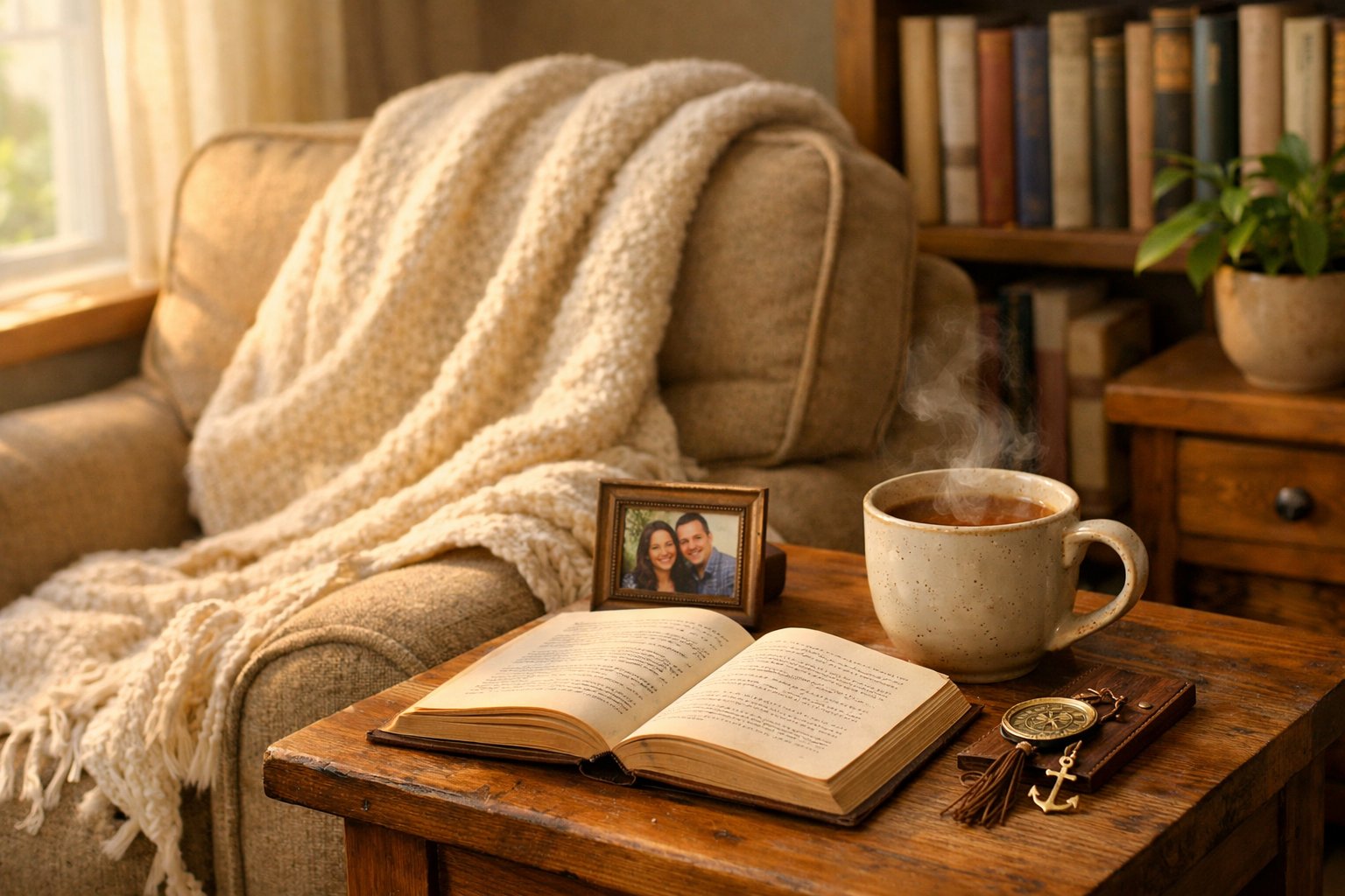 A cozy reading nook with an armchair, an open book on a side table, a cup of tea, a small personal object, and a bookshelf in the background.