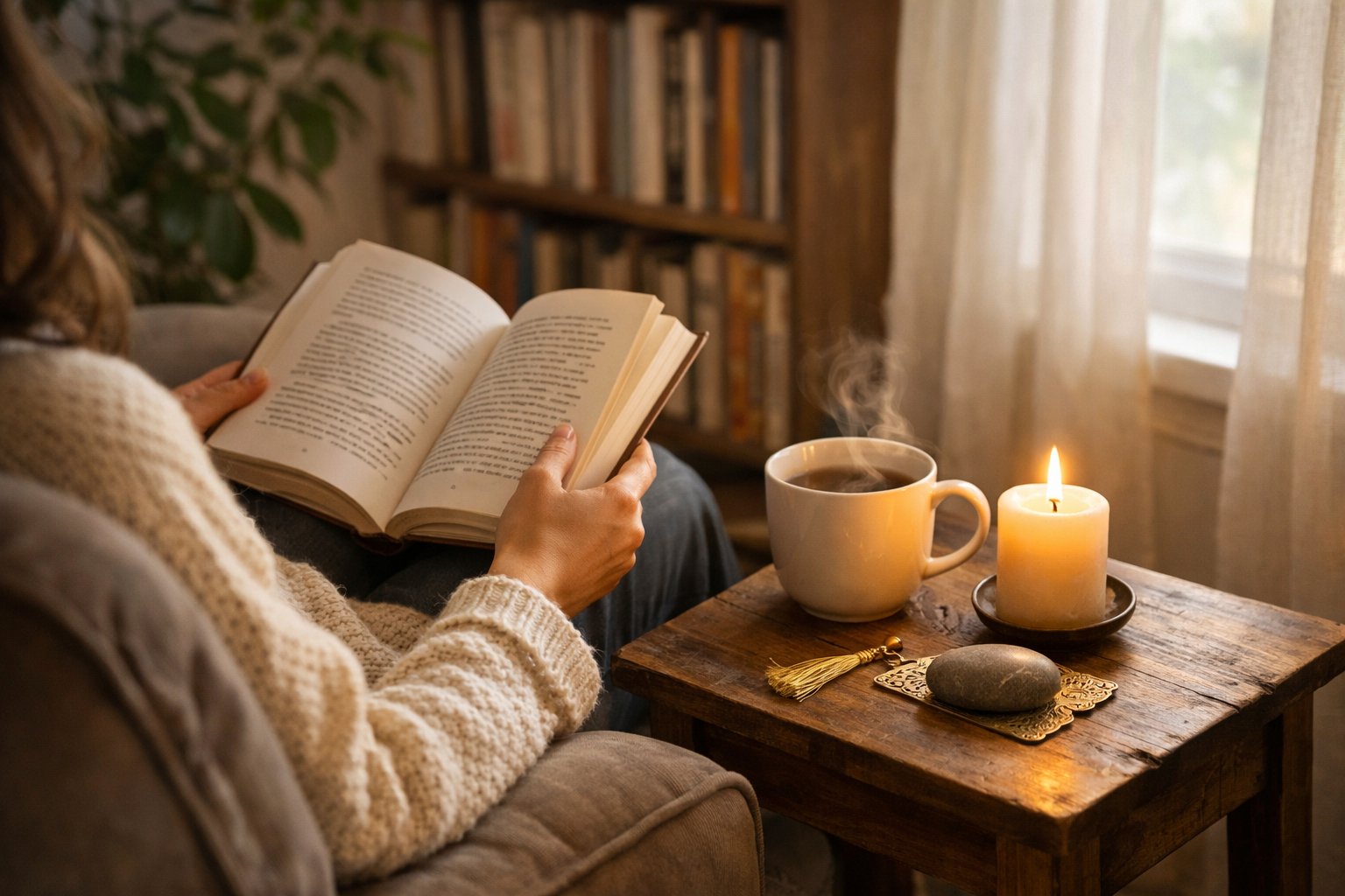 A person sitting in a cozy armchair by a window, reading a book with a cup of tea and a small meaningful object on a side table nearby.