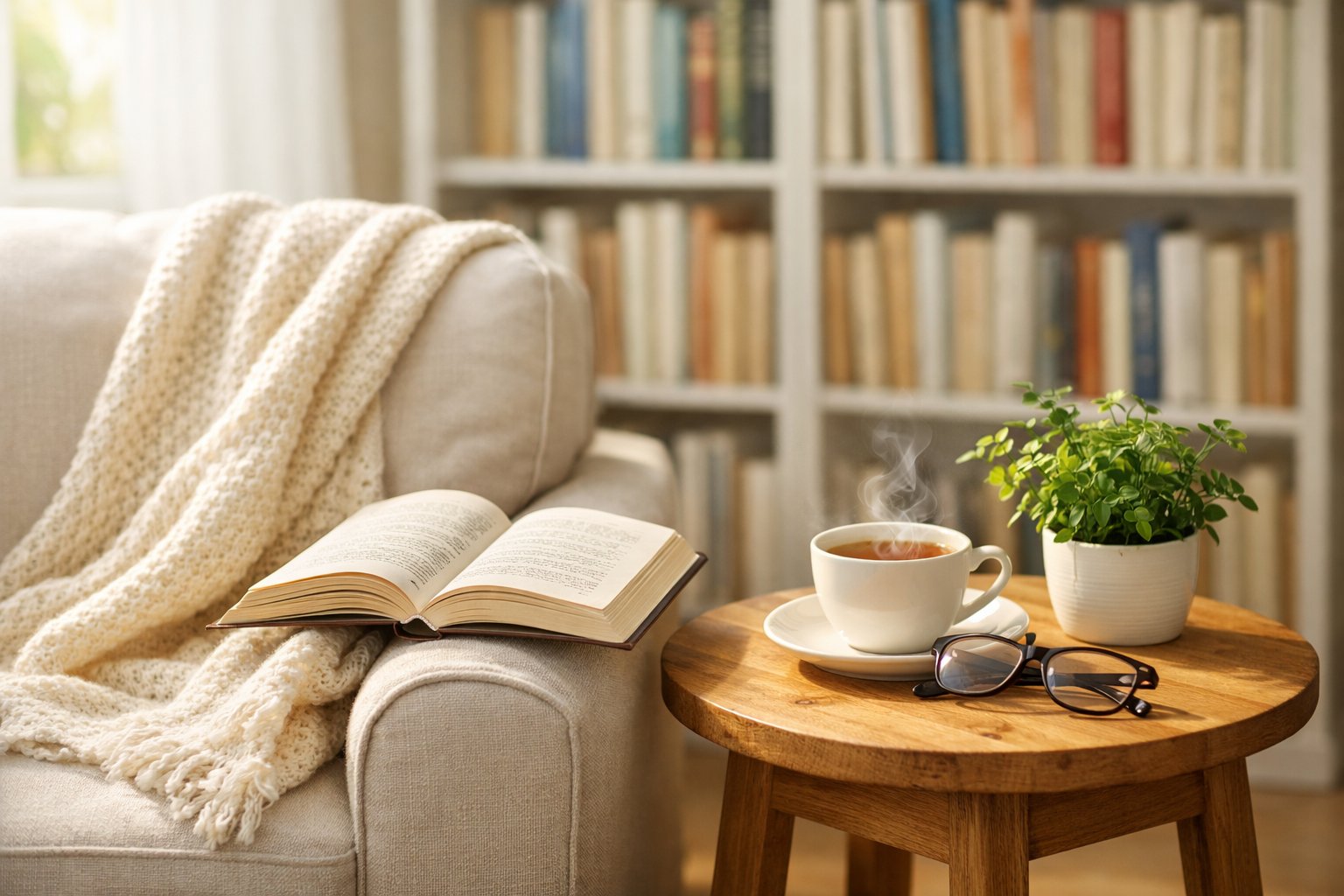 A cozy reading nook with an armchair, an open book, a cup of tea, reading glasses, and a small plant next to a bookshelf.