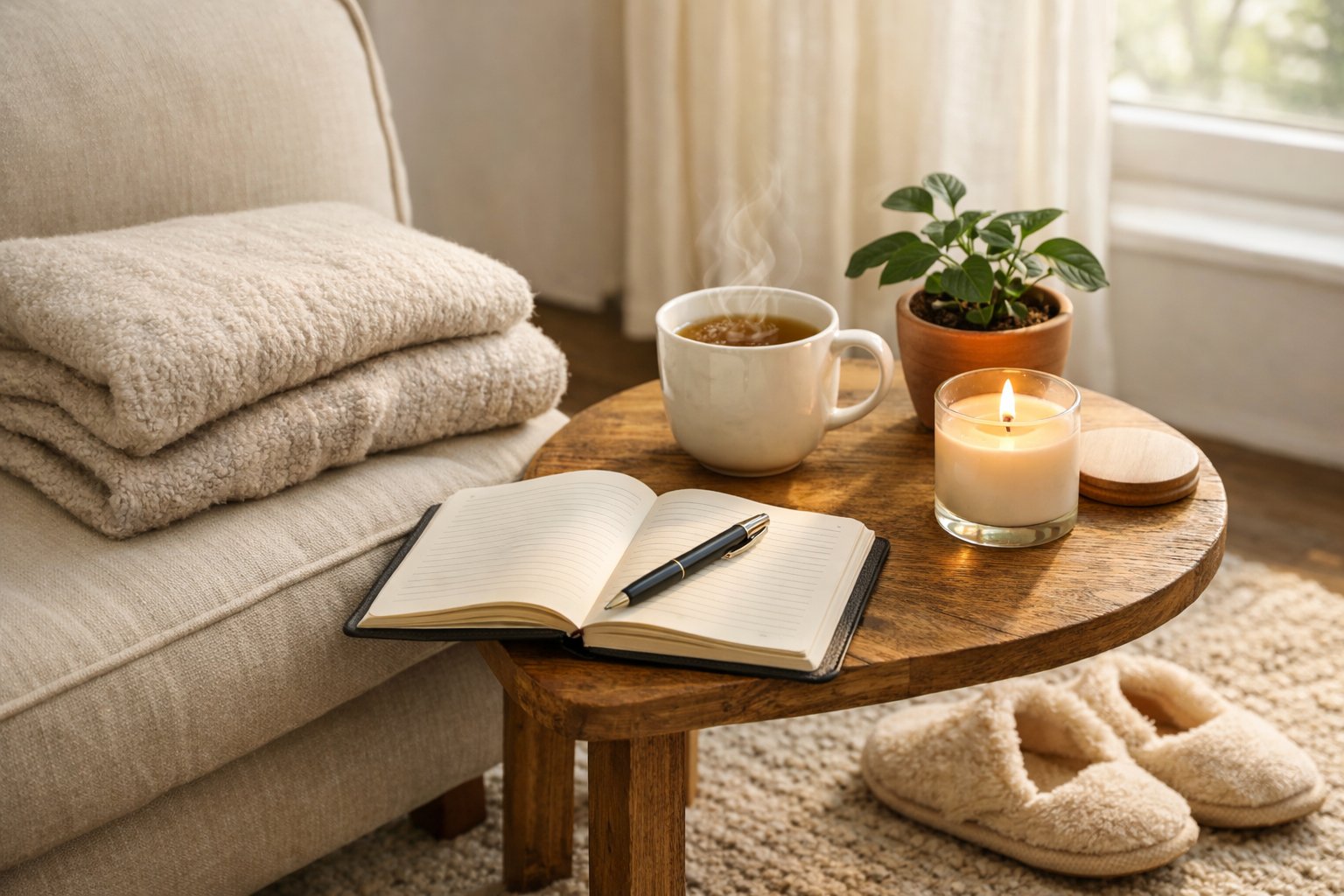 A cozy living room scene with a blanket on an armchair, a cup of tea on a side table, an open journal with a pen, a lit candle, a potted plant, and slippers on a rug.