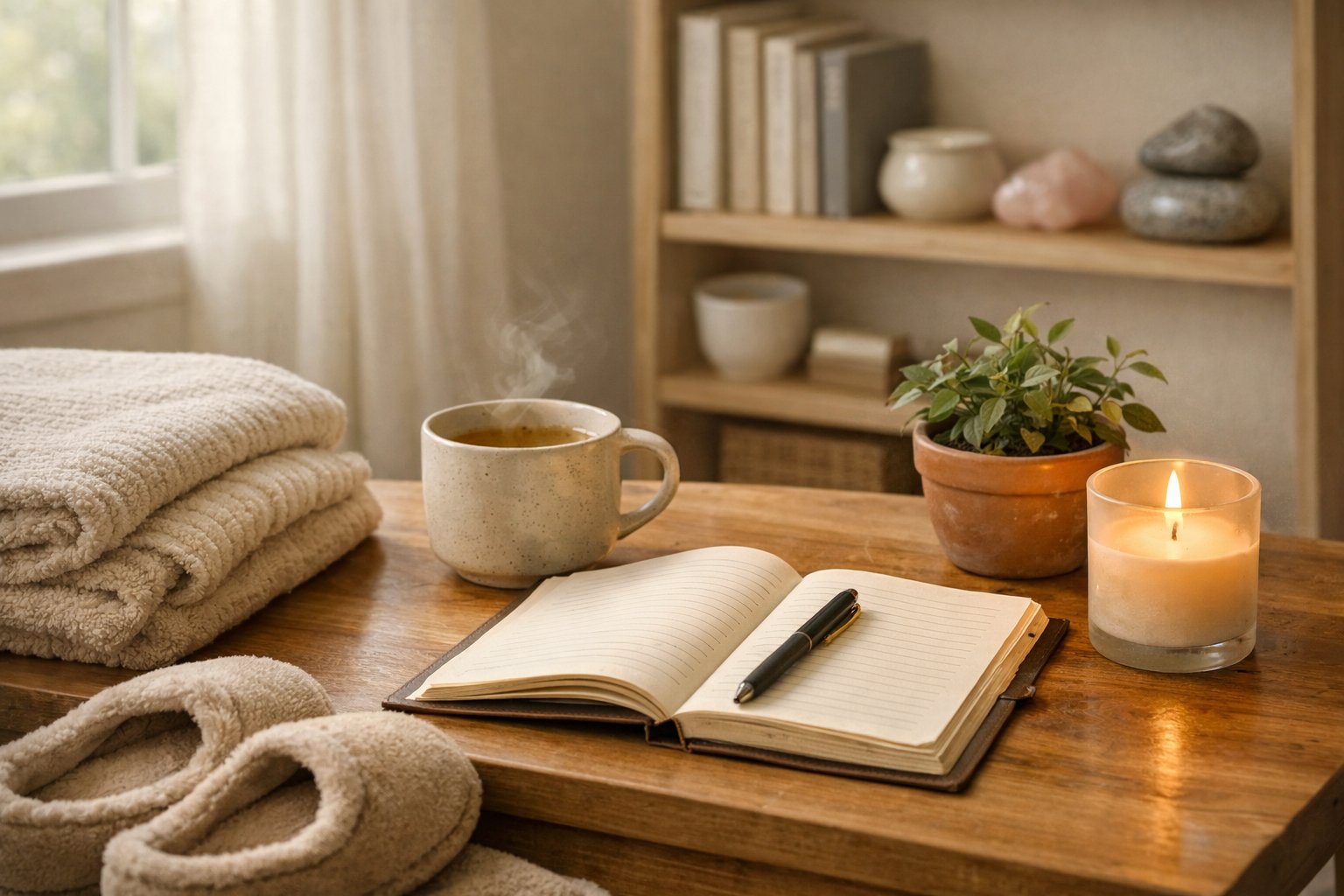 A cozy indoor scene with a wooden table holding a cup of tea, an open journal, a lit candle, and a small plant, with a soft blanket and slippers nearby, suggesting a peaceful weekly reset ritual.