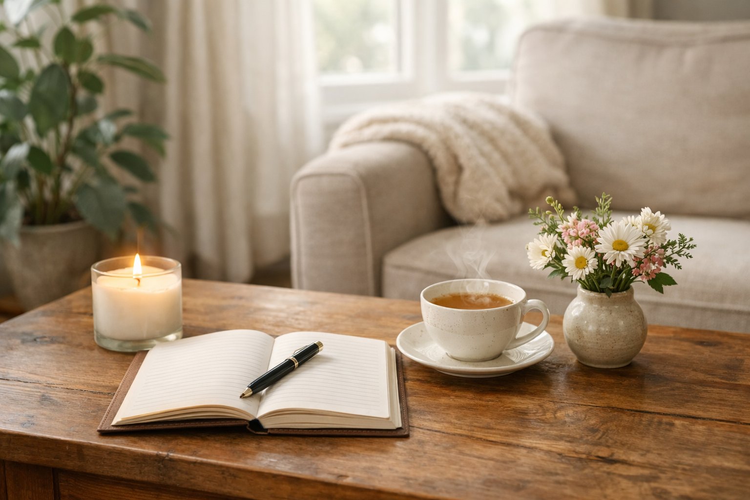 A cozy living room with a wooden table holding a lit candle, open journal with pen, a cup of tea, and fresh flowers, with an armchair and blanket in the background.