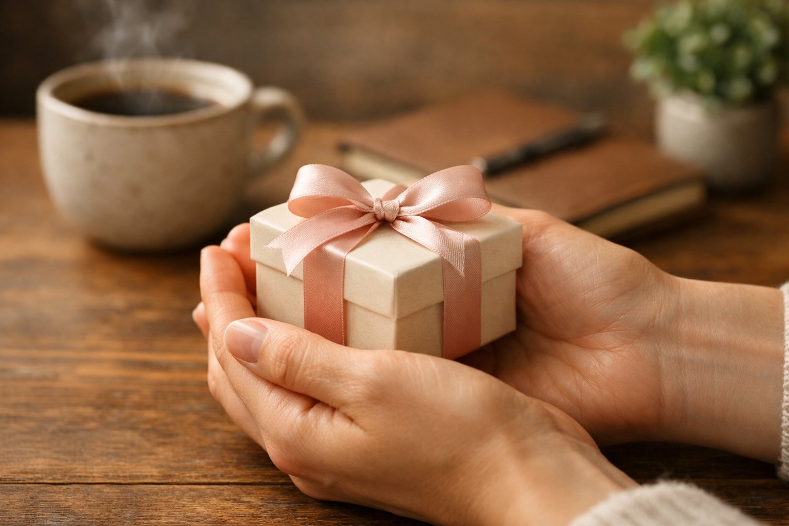 Hands holding a small wrapped gift box over a wooden table with a cup of coffee, a notebook, and a small plant in the background.