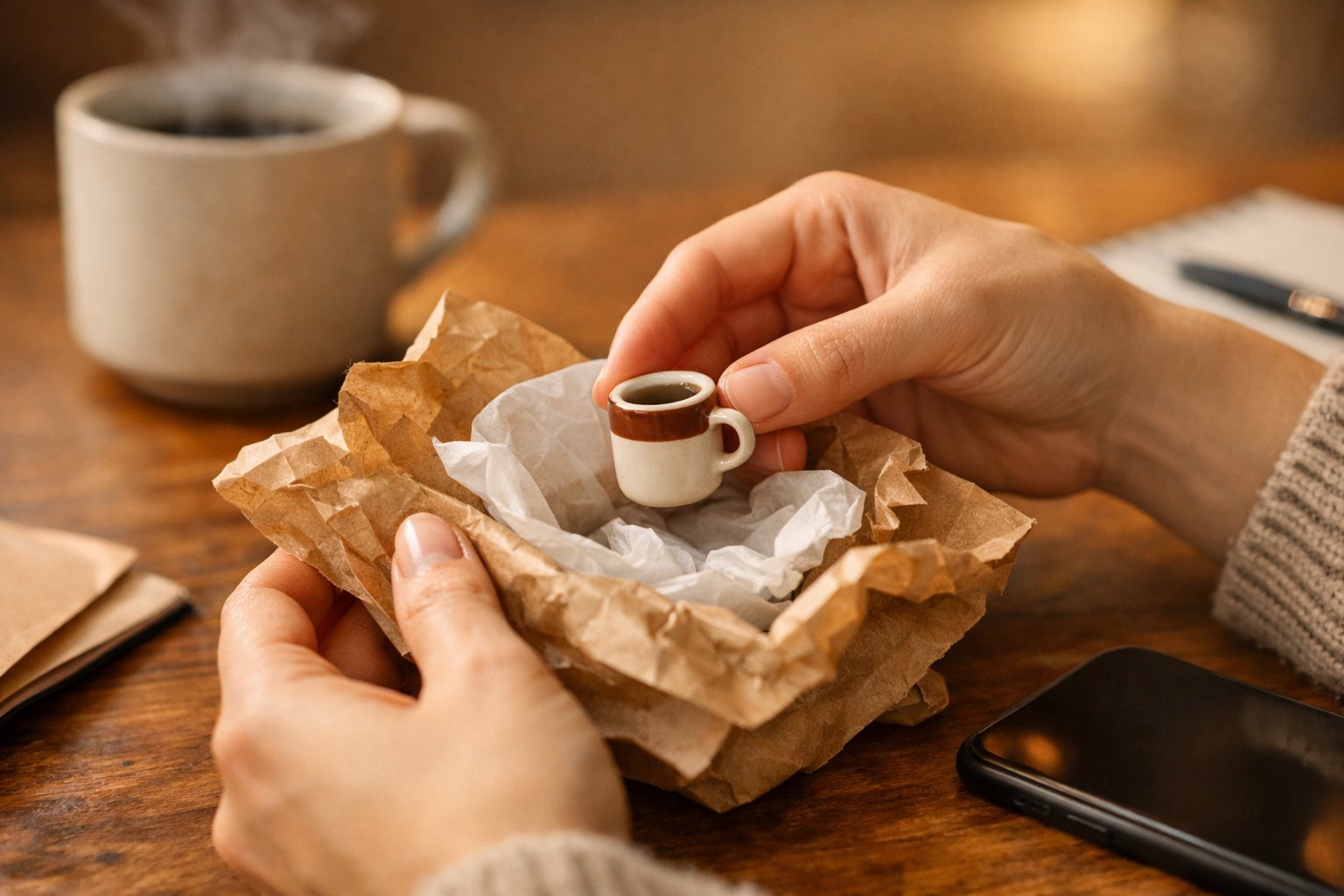 Close-up of hands unwrapping a small item on a table with a mug and notebook nearby.