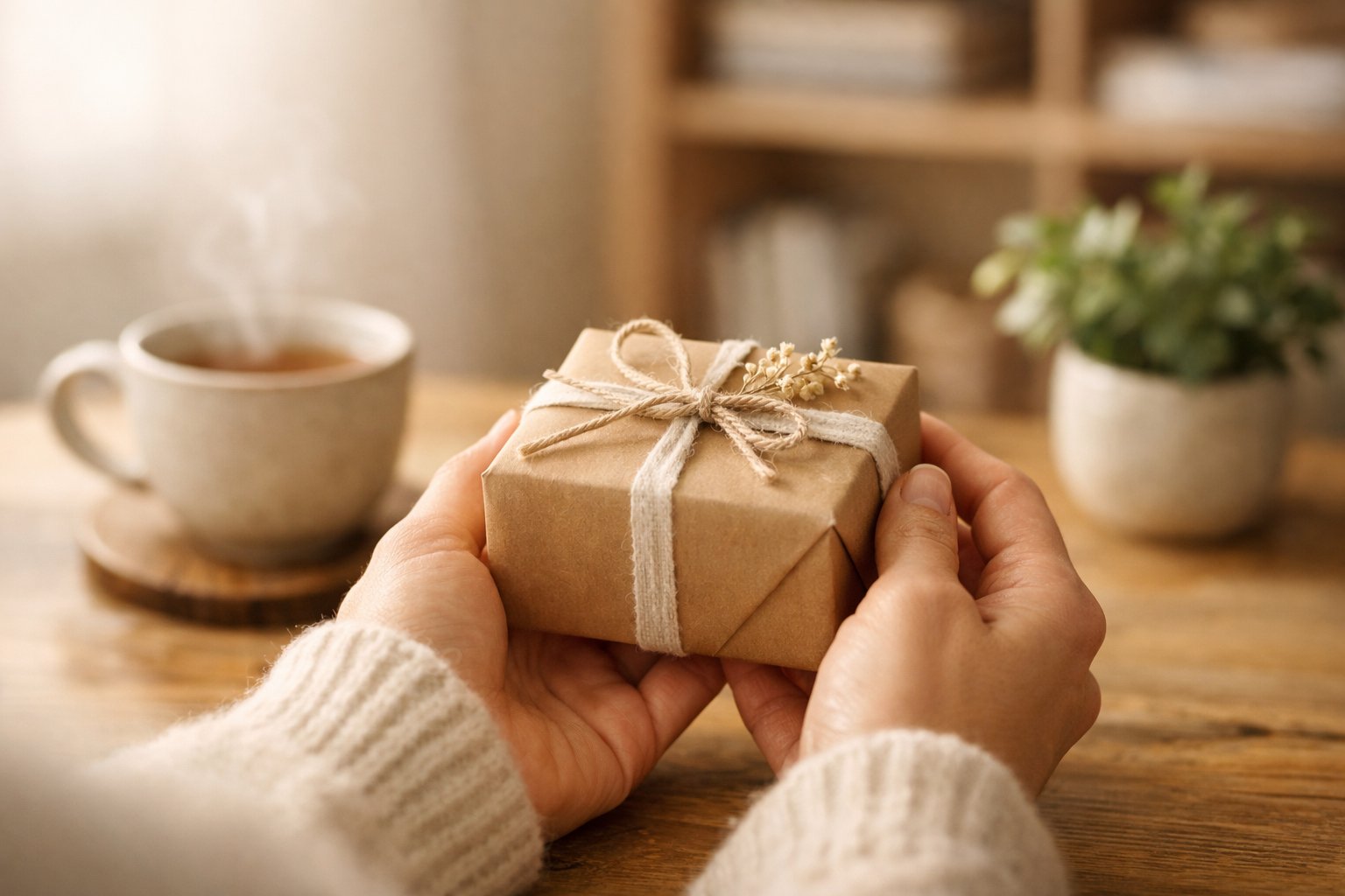 Close-up of hands holding a small, wrapped purchase in a cozy living room with warm natural light and a cup of tea on a wooden table.