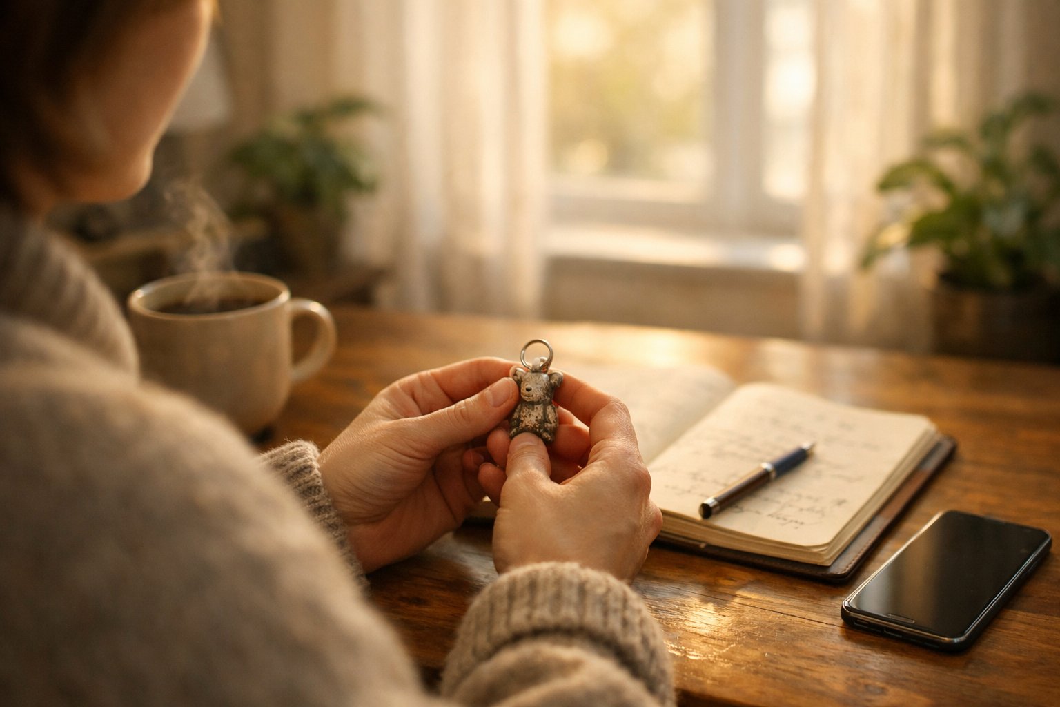 Person holding a small, meaningful object at a wooden desk with coffee, journal, and plants in a softly lit room.