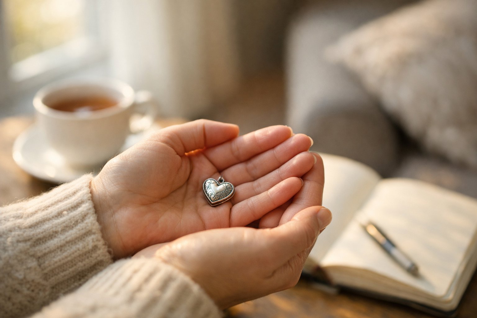 A person gently holding a small object in their hands in a cozy, softly lit room with a cup of tea and an open journal in the background.