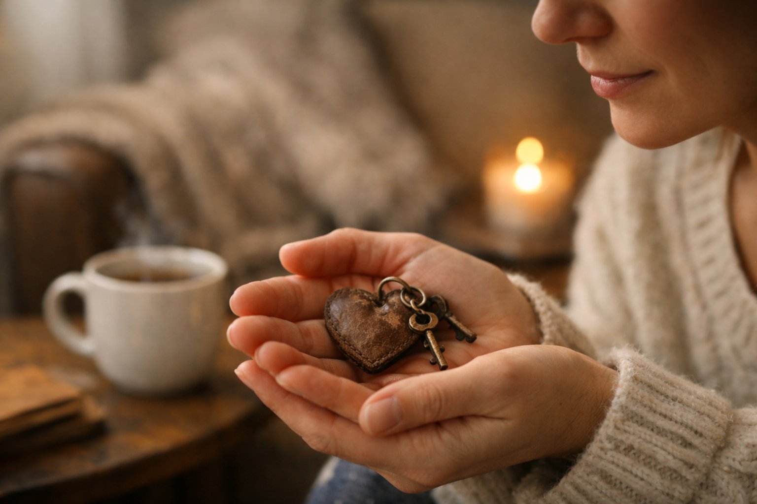 A person gently holding a small personal object in their hands while sitting in a cozy indoor setting.