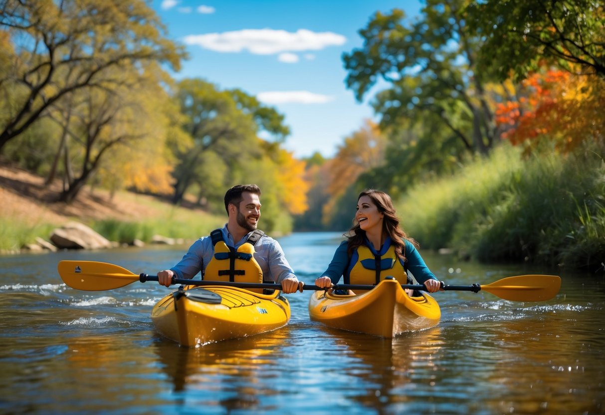 A happy couple enjoying an outdoor adventure together in a natural setting with trees and water.