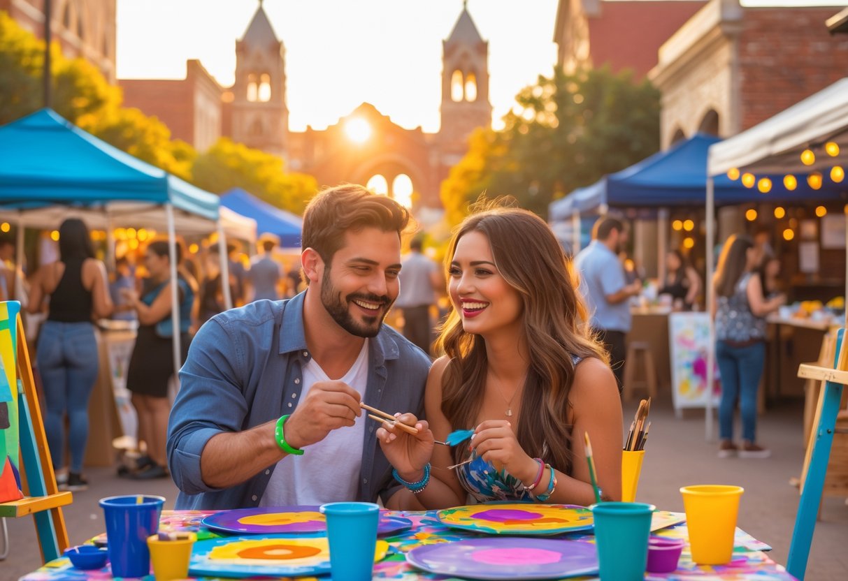 A couple enjoying a creative outdoor date surrounded by local art displays and people at a cultural festival in Tulsa.