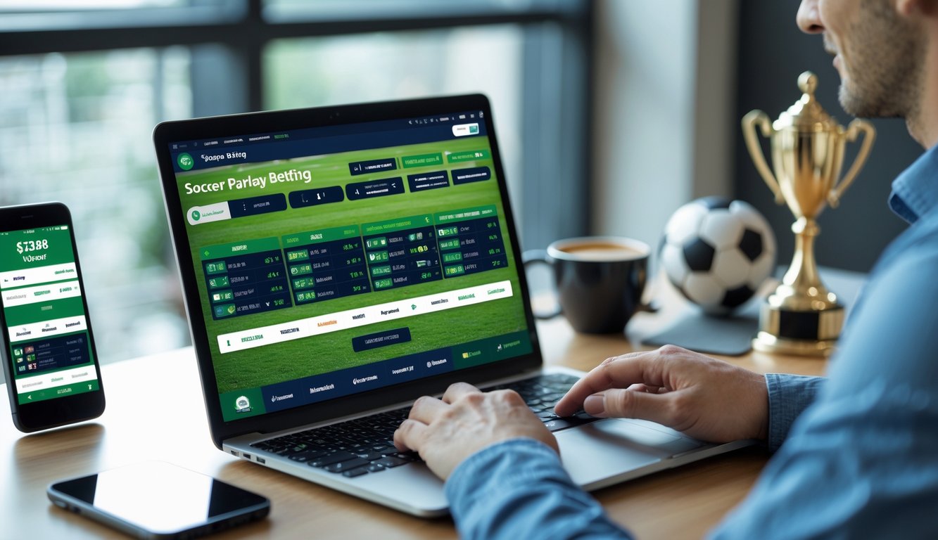 Seseorang menggunakan laptop di meja kerja dengan tampilan situs taruhan sepak bola online dan bola sepak di dekatnya.