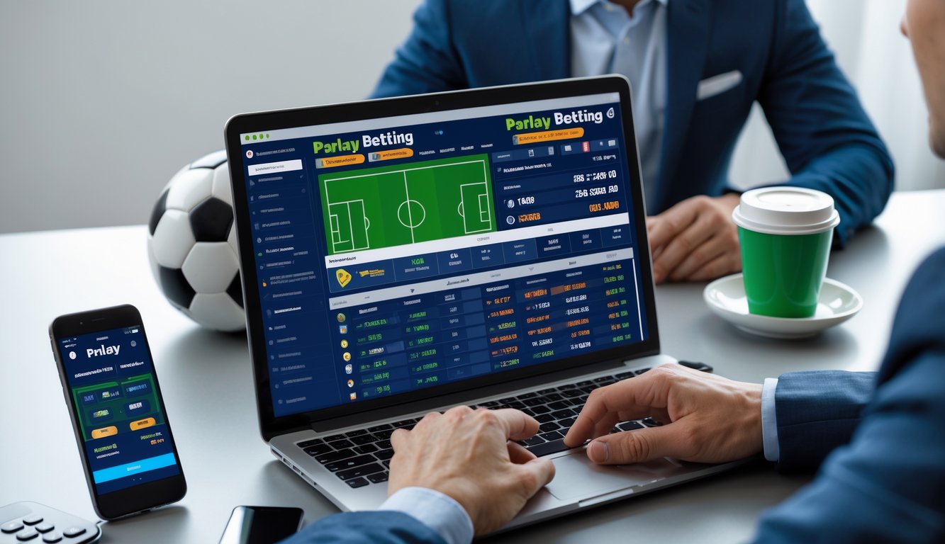 Seseorang menggunakan laptop dengan tampilan taruhan bola online, di meja terdapat bola sepak, ponsel, dan secangkir kopi.