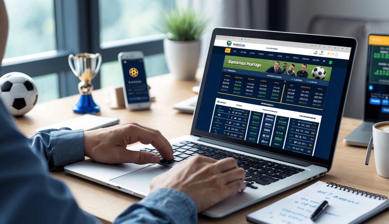 Seseorang menggunakan laptop di meja kerja dengan tampilan situs taruhan bola online dan perangkat pendukung di sekitarnya.
